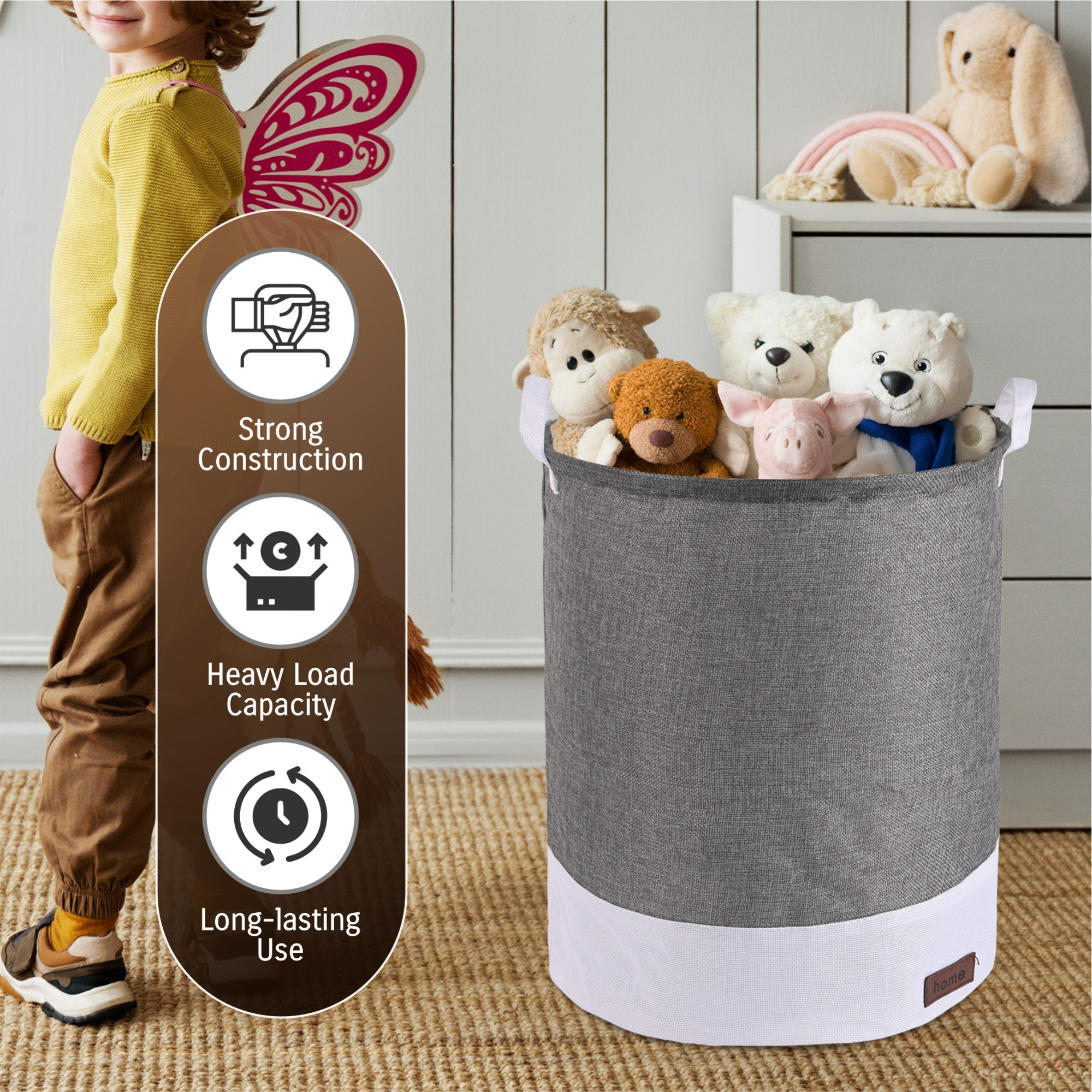 Kuber Industries Foldable 43 Ltr Washing Clothes BasketLaundry Bag with Handles  Used Clothes Storage Bag  Laundry Hamper for Dirty Clothes  Toys  GM-1-GRY  Grey