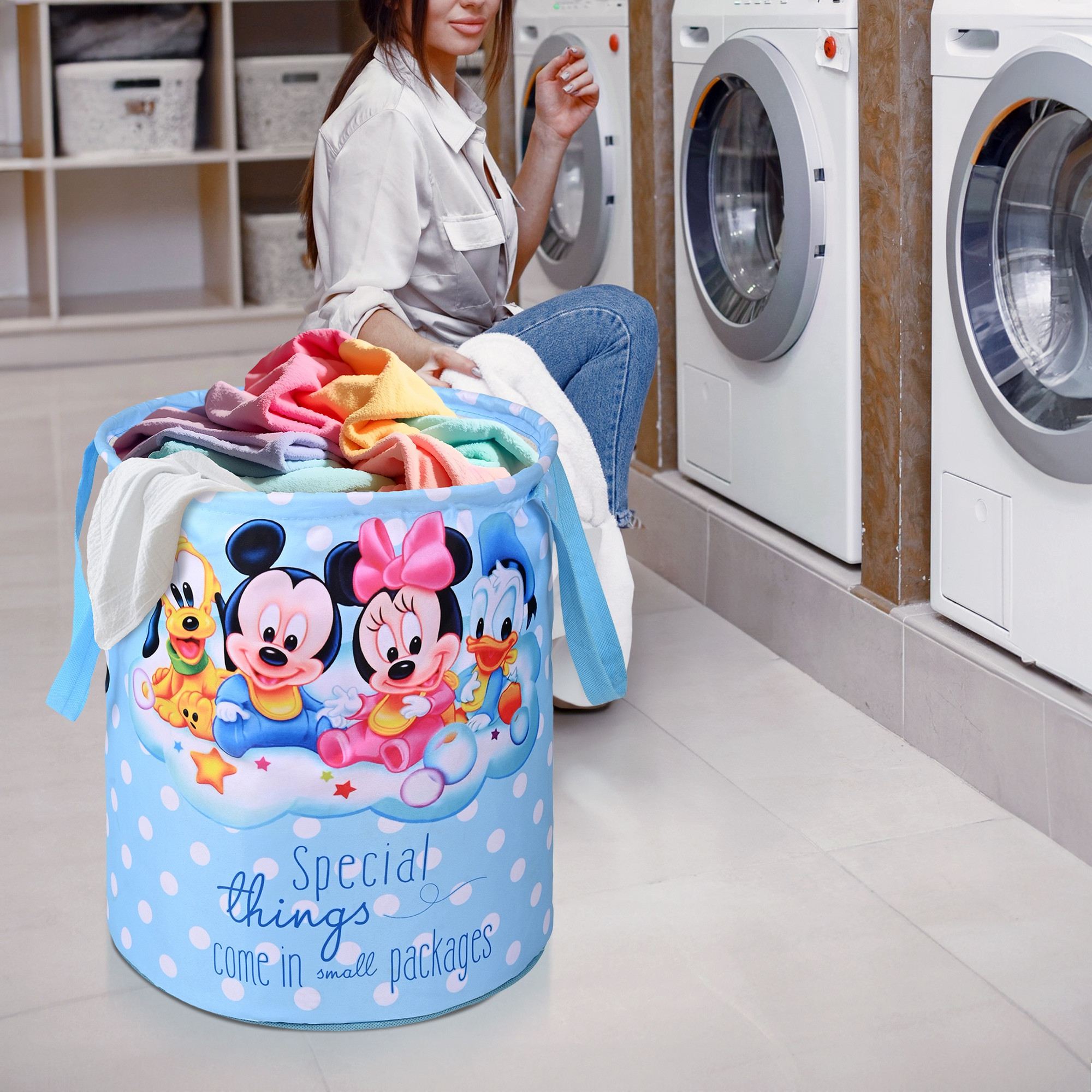 Kuber Industries Foldable 45L Toys Organizer for Kids Room - Soft Toys Storage BagBasketContainer with Handles  Disney Kids - Sky Blue