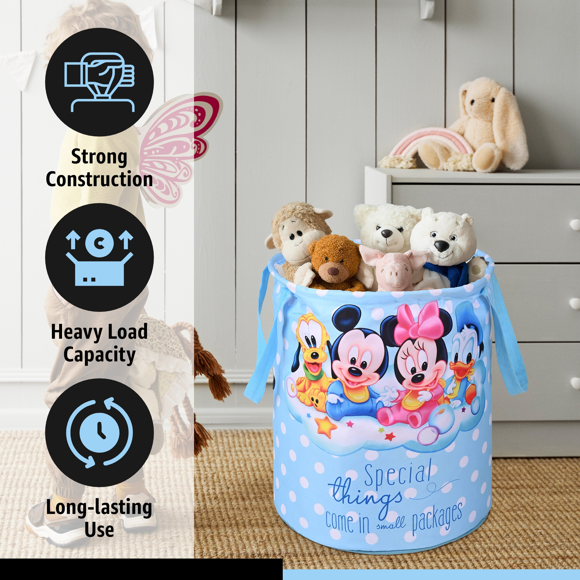 Kuber Industries Foldable 45L Toys Organizer for Kids Room - Soft Toys Storage BagBasketContainer with Handles  Disney Kids - Sky Blue