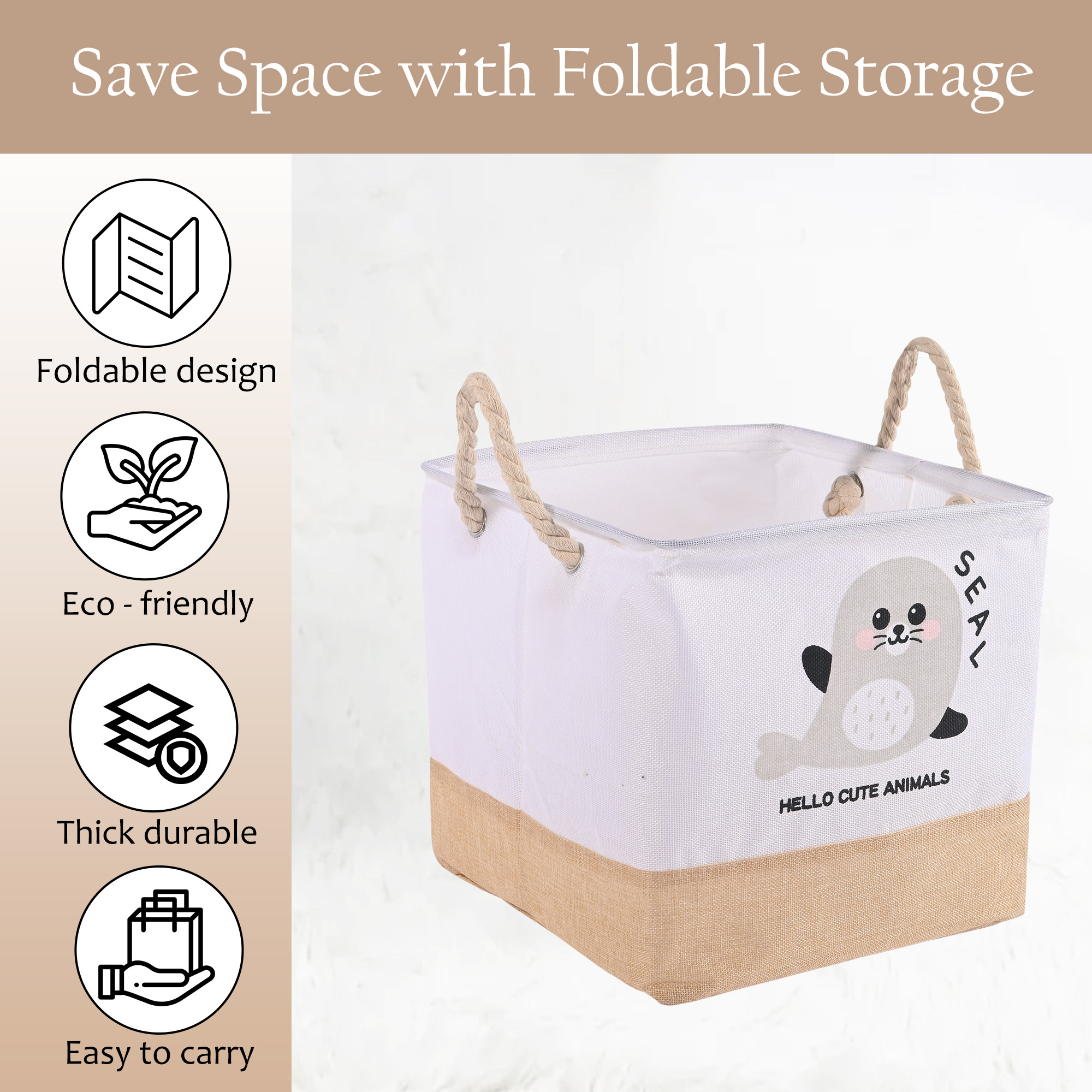 Kuber Industries Foldable  Collapsible Storage Box for Clothes  Baby Dress Organizer for Wardrobe  Utility Organizer for Kids Toys Diaper  Books  GM-32-BG  Beige and White Seal