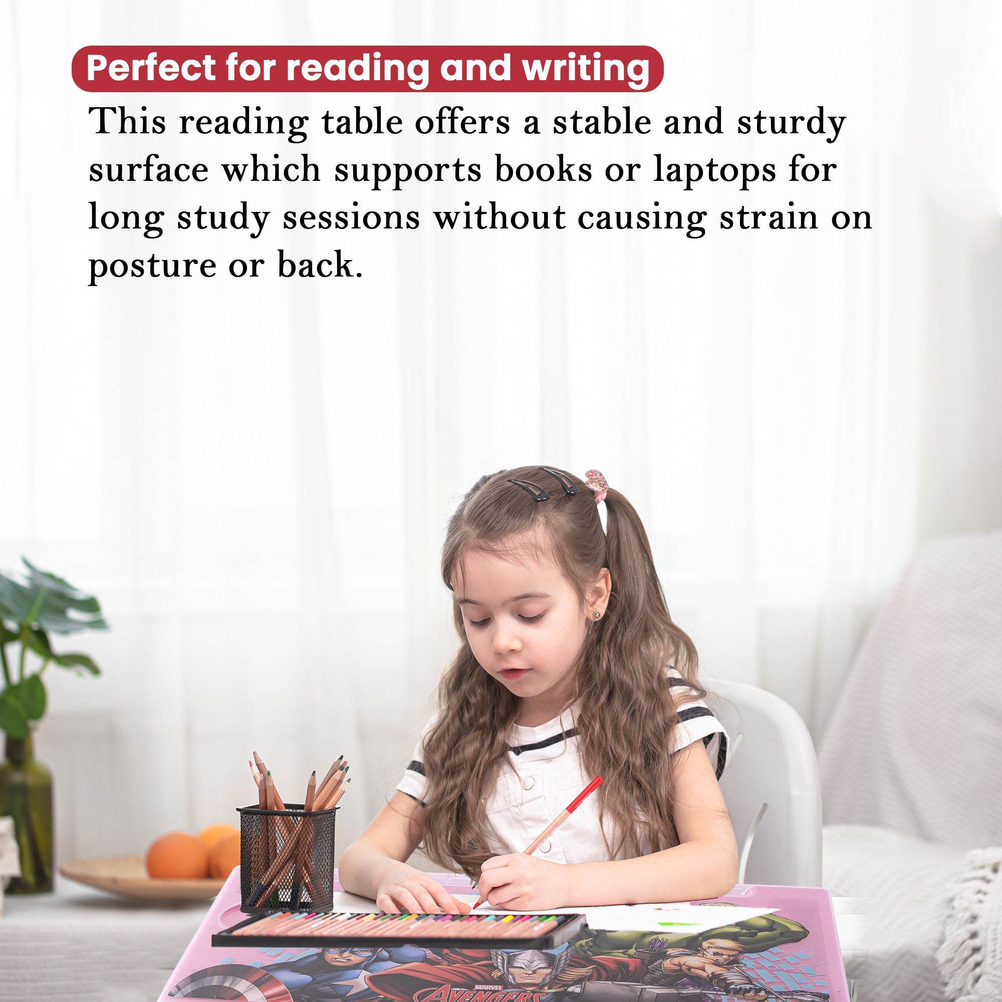 Kuber Industries Foldable  Portable Study Table For Students with Transparent Flap Cover  Cup Slot  Light Weight Bed Table For Reading Writing  Meals  Marvel Avengers - Red