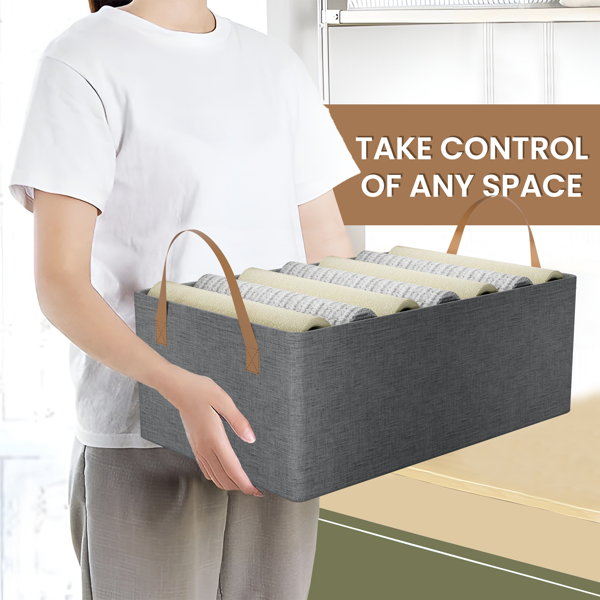 Kuber Industries Foldable Cloth Organizer for Storage with Steel Frame  Sturdy Handles  Durable  Space-Saving Dress Organizer Boxes for Cupboard Shelves  Wardrobes  LJ-2-GRY  Grey