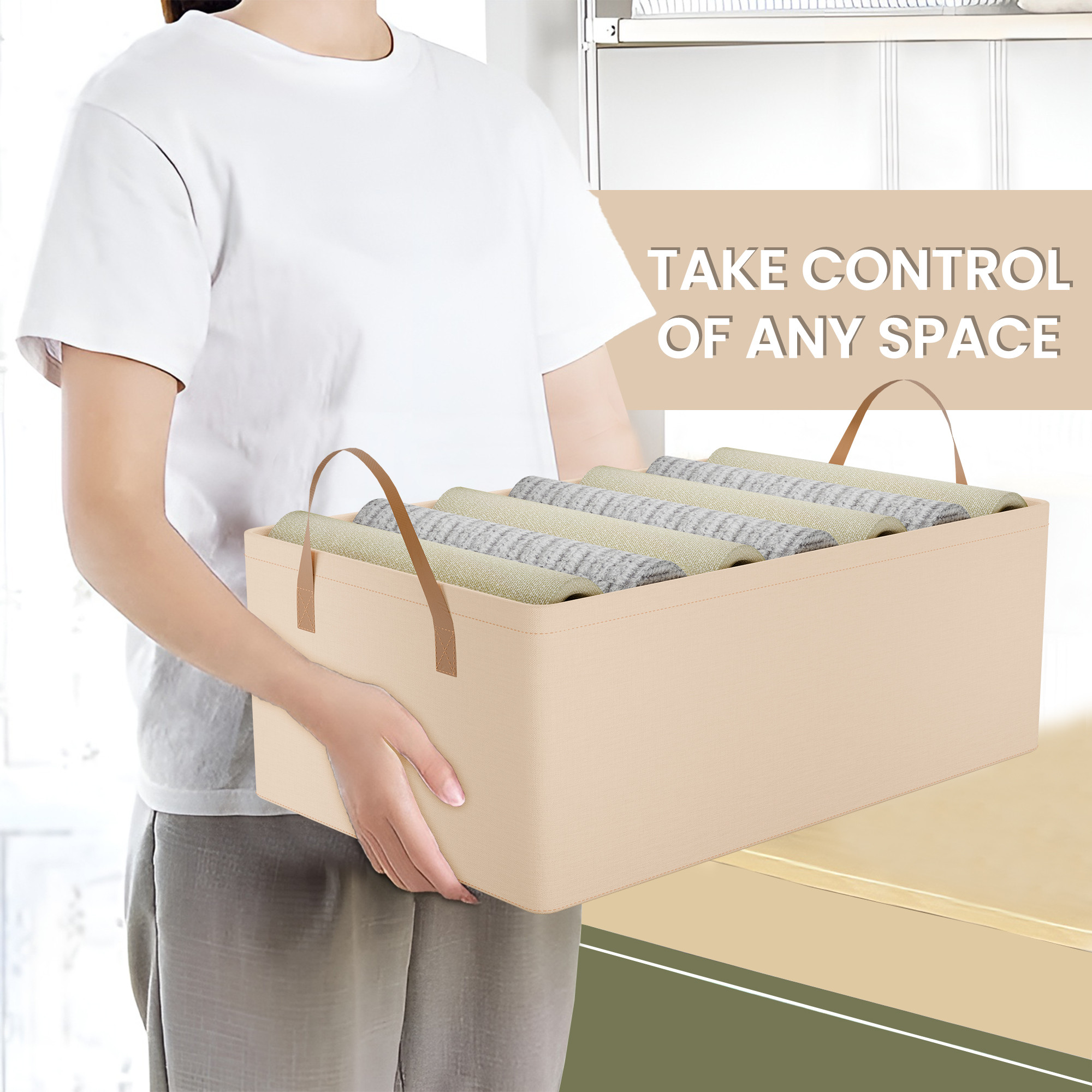 Kuber Industries Foldable Cloth Organizer for Storage with Steel Frame  Sturdy Handles  Durable  Space-Saving Dress Organizer Boxes for Cupboard Shelves  Wardrobes  LJ-2-BG  Beige