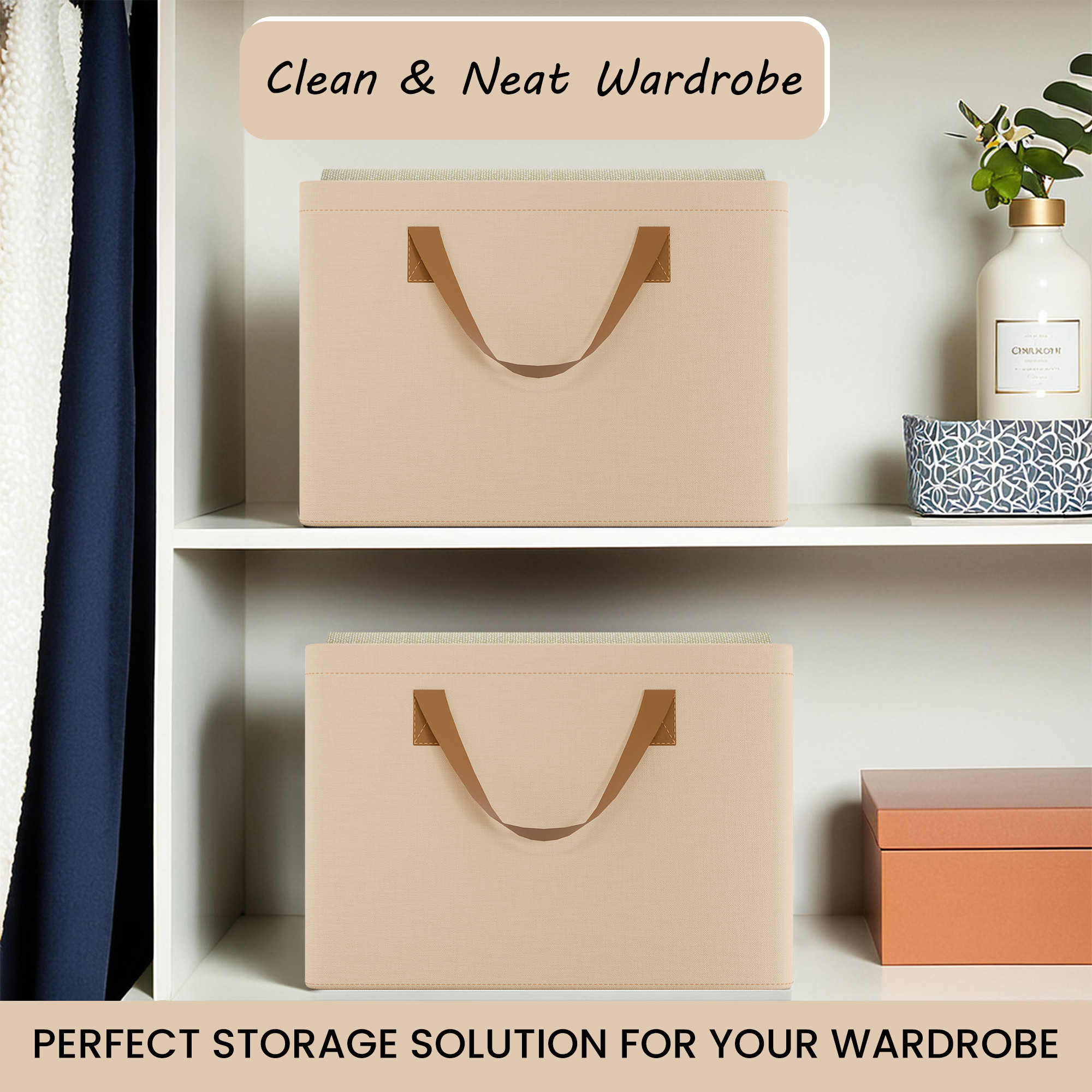 Kuber Industries Foldable Cloth Organizer for Storage with Steel Frame  Sturdy Handles  Durable  Space-Saving Dress Organizer Boxes for Cupboard Shelves  Wardrobes  LJ-2-BG  Beige