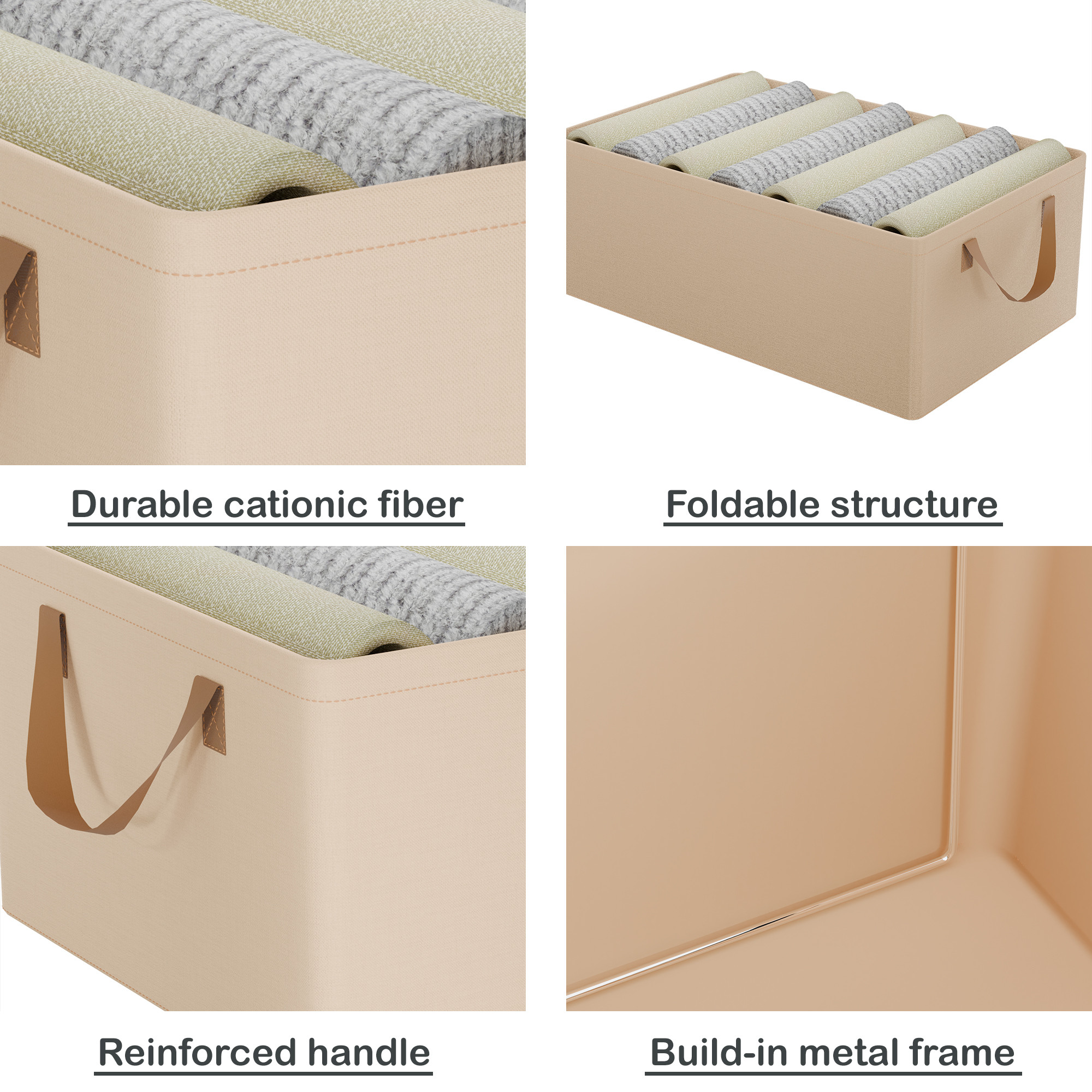 Kuber Industries Foldable Cloth Organizer for Storage with Steel Frame  Sturdy Handles  Durable  Space-Saving Dress Organizer Boxes for Cupboard Shelves  Wardrobes  LJ-2-BG  Beige