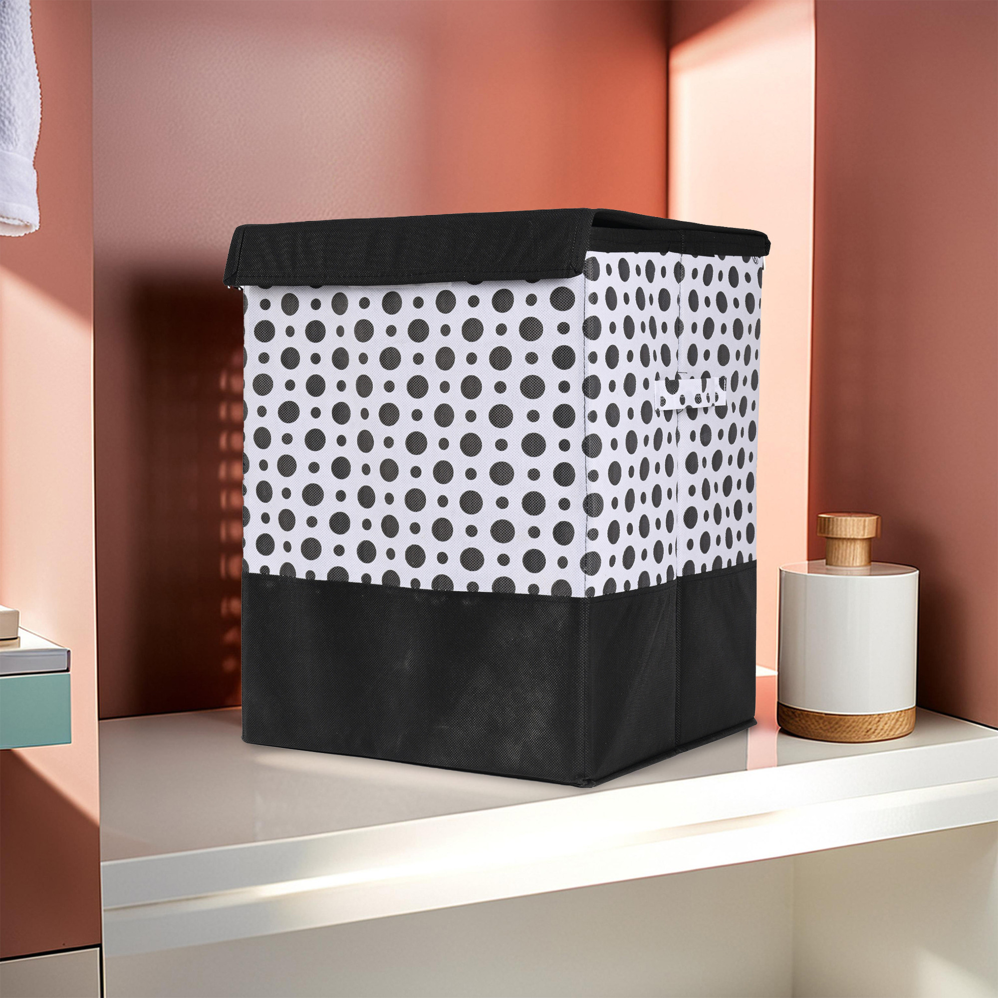 Kuber Industries Foldable Dirty Clothes Laundry Basket For Washing - Used  Unwashed Dress BucketStorage Box  Polka Dots - Black  White