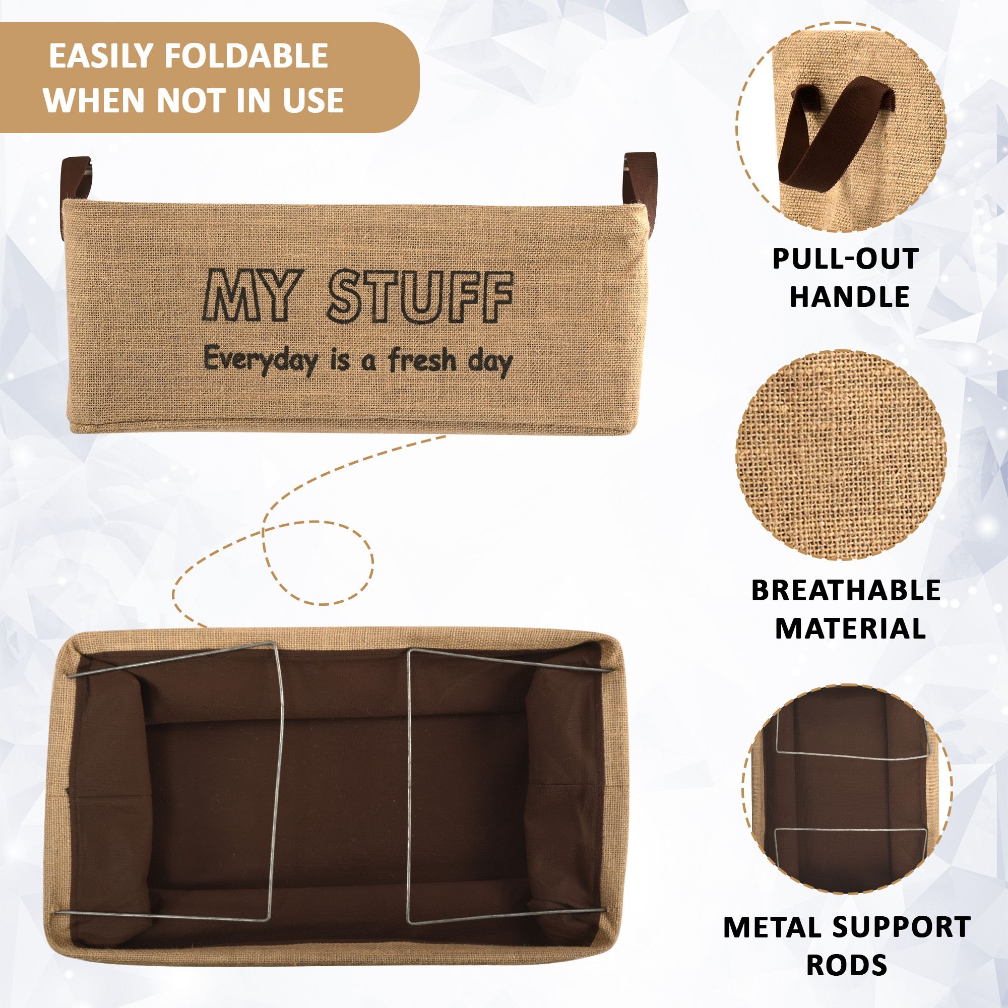 Kuber Industries Foldable Jute Storage Box for Clothes  Dress  Towel Organiser for Wardrobe  Collapsible Container Basket - Brown