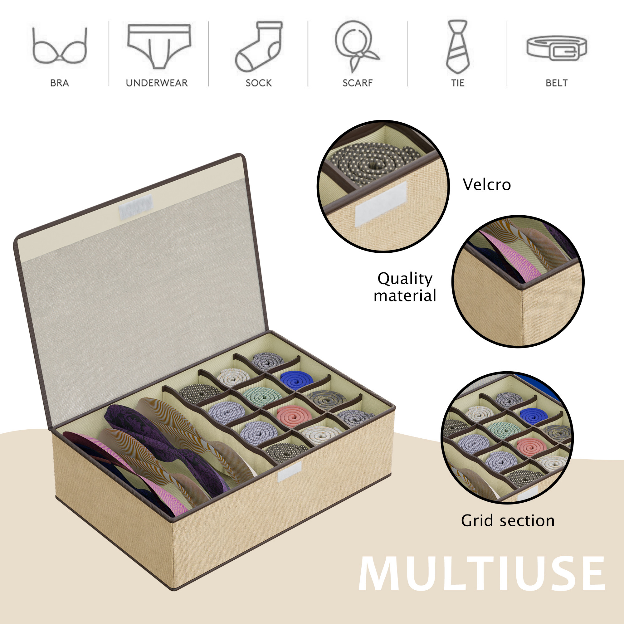Kuber Industries Foldable Multi-Grid Undergarments Organizer with Top Flap  Socks  Innerwear Organiser for Wardrobe  Ideal for BrasPanties Underwear  Ties  LJ-15-BG  Beige  Brown