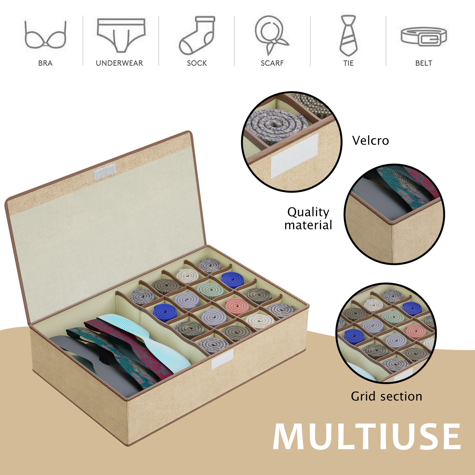 Kuber Industries Foldable Multi-Grid Undergarments Organizer with Top Flap  Socks  Innerwear Organiser for Wardrobe  Ideal for BrasPanties Underwear  Ties  LJ-16-BG  Beige  Brown