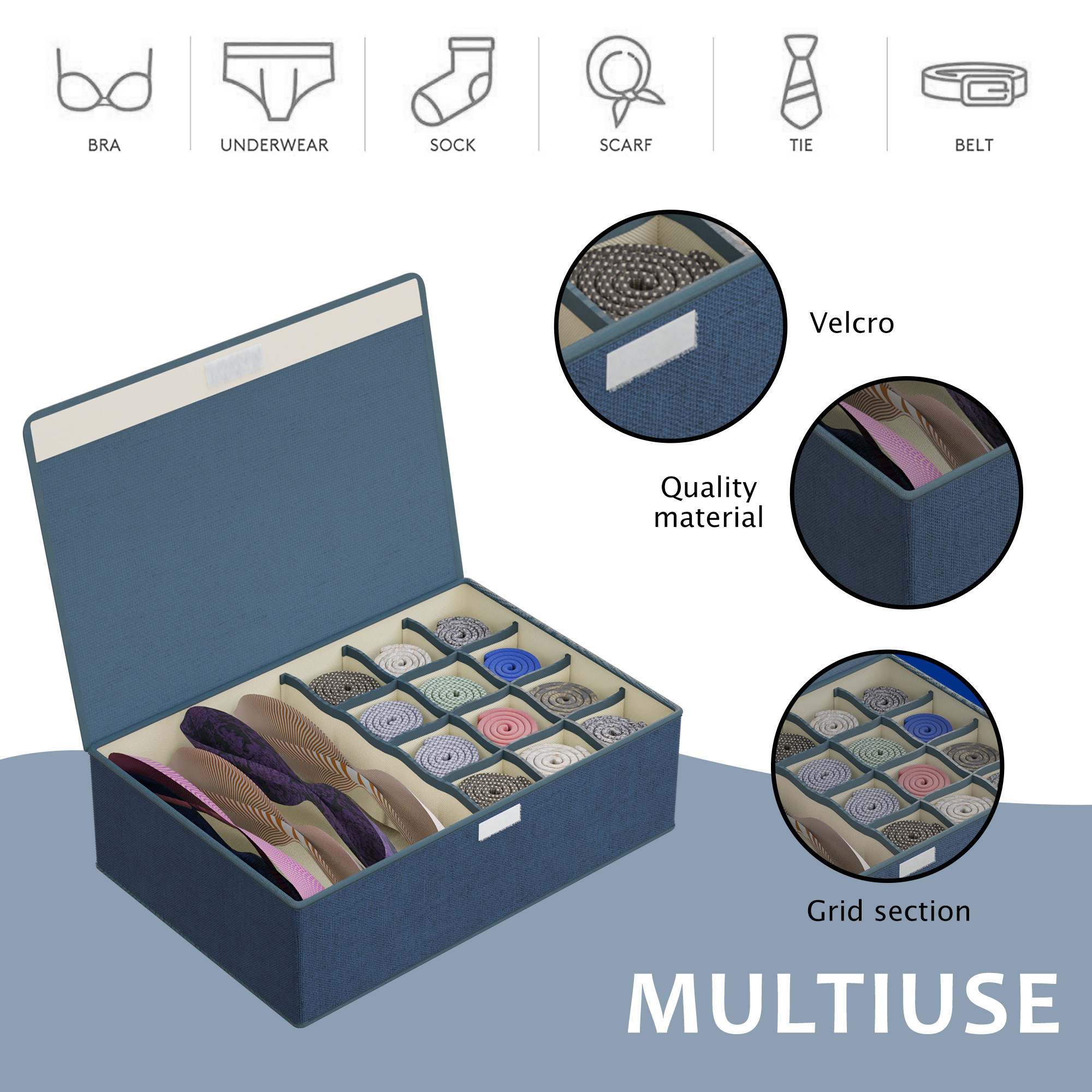 Kuber Industries Foldable Multi-Grid Undergarments Organizer with Top Flap  Socks  Innerwear Organiser for Wardrobe  Ideal for BrasPanties Underwear  Ties  LJ-15-NBLU  Navy