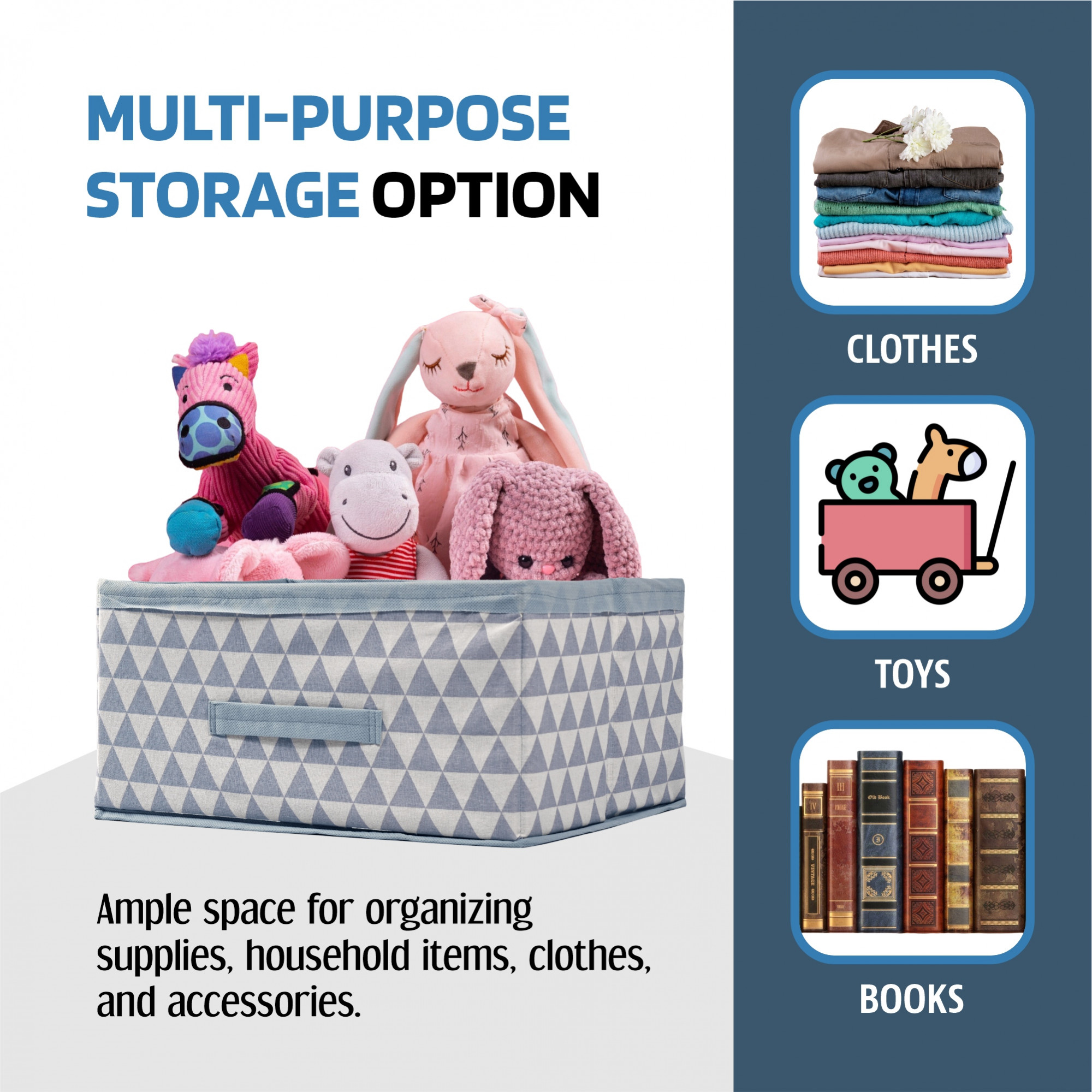 Kuber Industries Foldable Multi-purpose Cloth Organizer for Storage with Drawing Handle  Durable Organisers Storage Box for ClothesToys  Triangle Print - Sky Blue