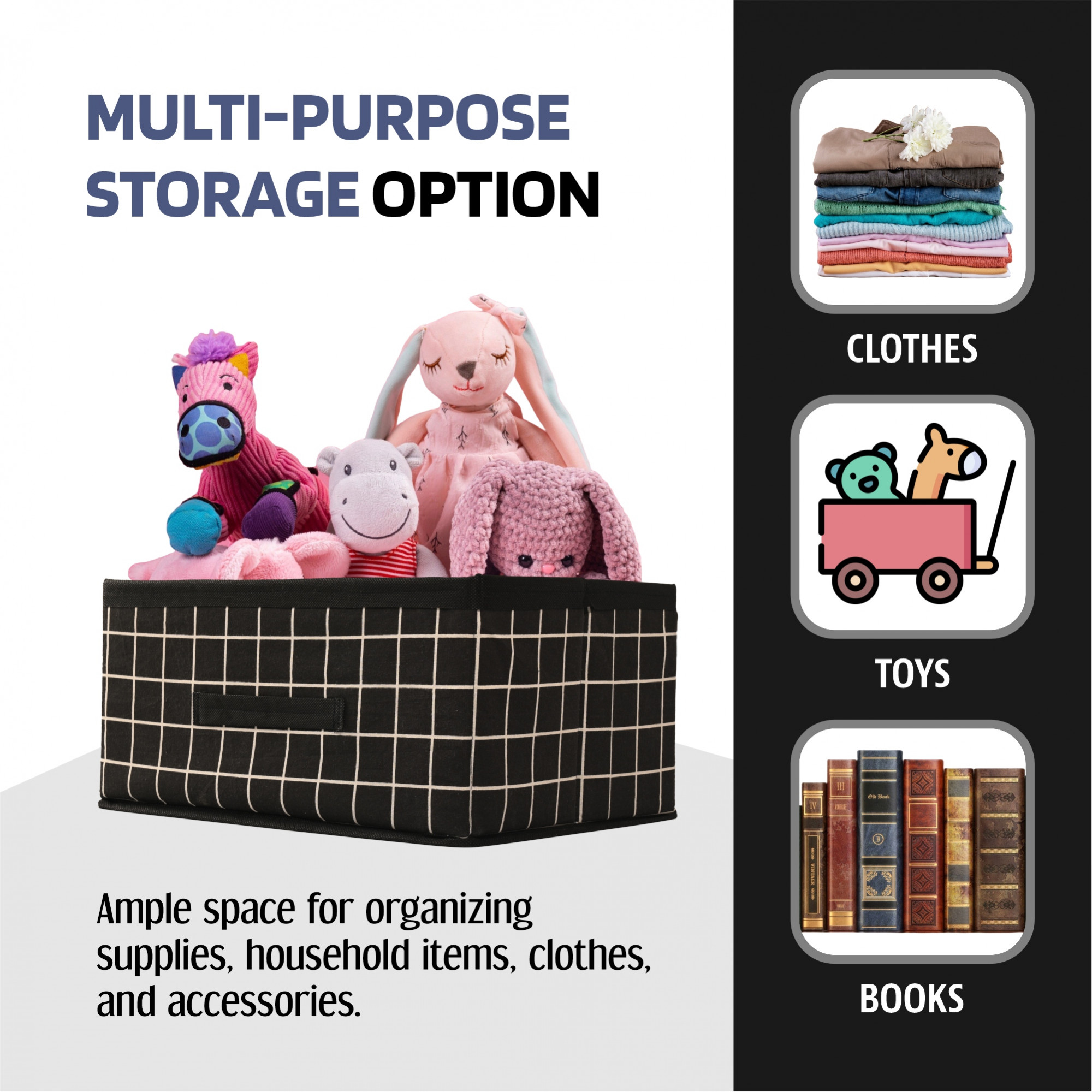 Kuber Industries Foldable Multi-purpose Cloth Organizer for Storage with Drawing Handle  Durable Organisers Storage Box for ClothesToys  Check Design -Black