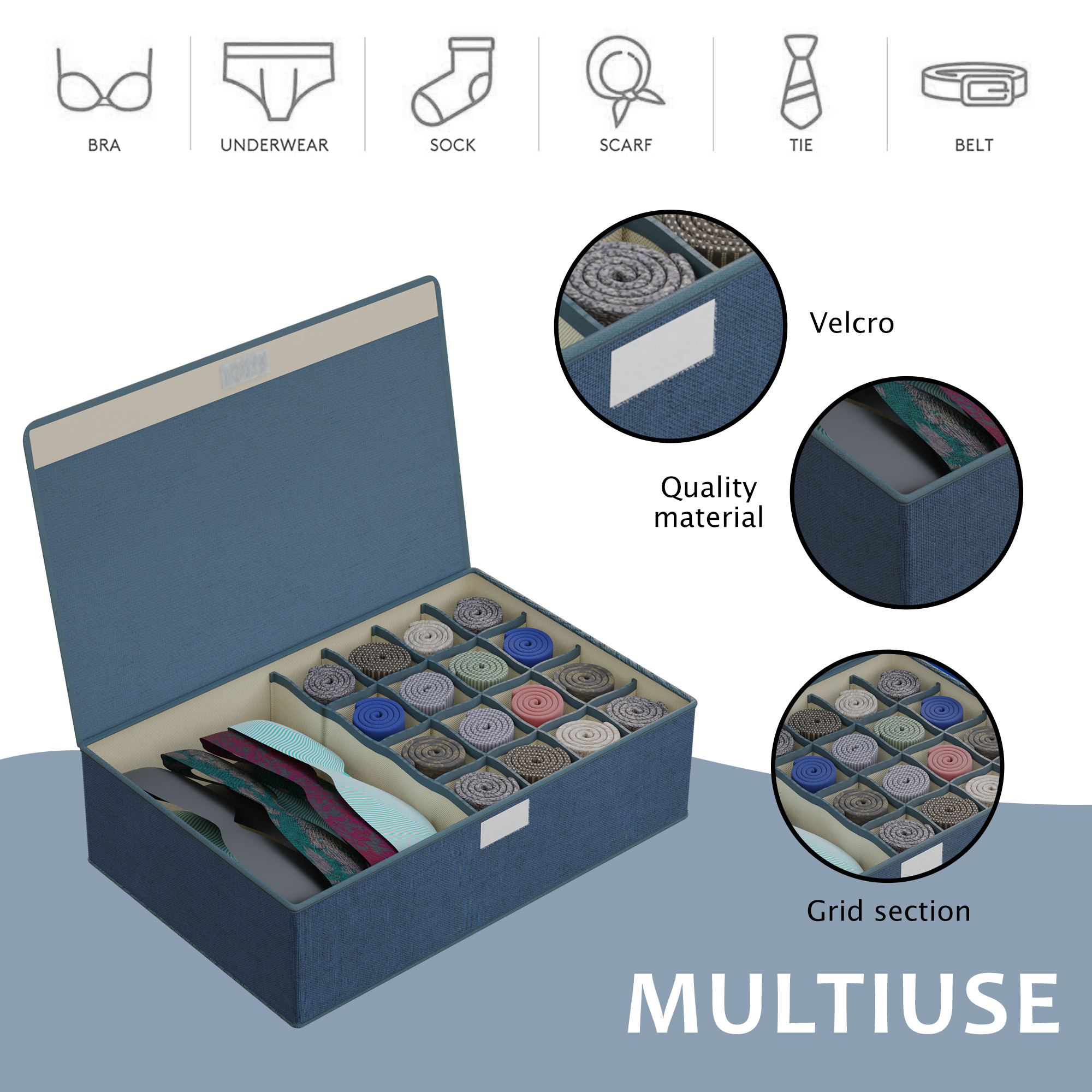 Kuber Industries Foldable Multicompartment Socks Organizer for Wardrobe with Transparent Lid Cloth Organizer for Storage  Tie  Socks Organisers Storage Box for Closet  LJ-16-NBLU  Navy Blue