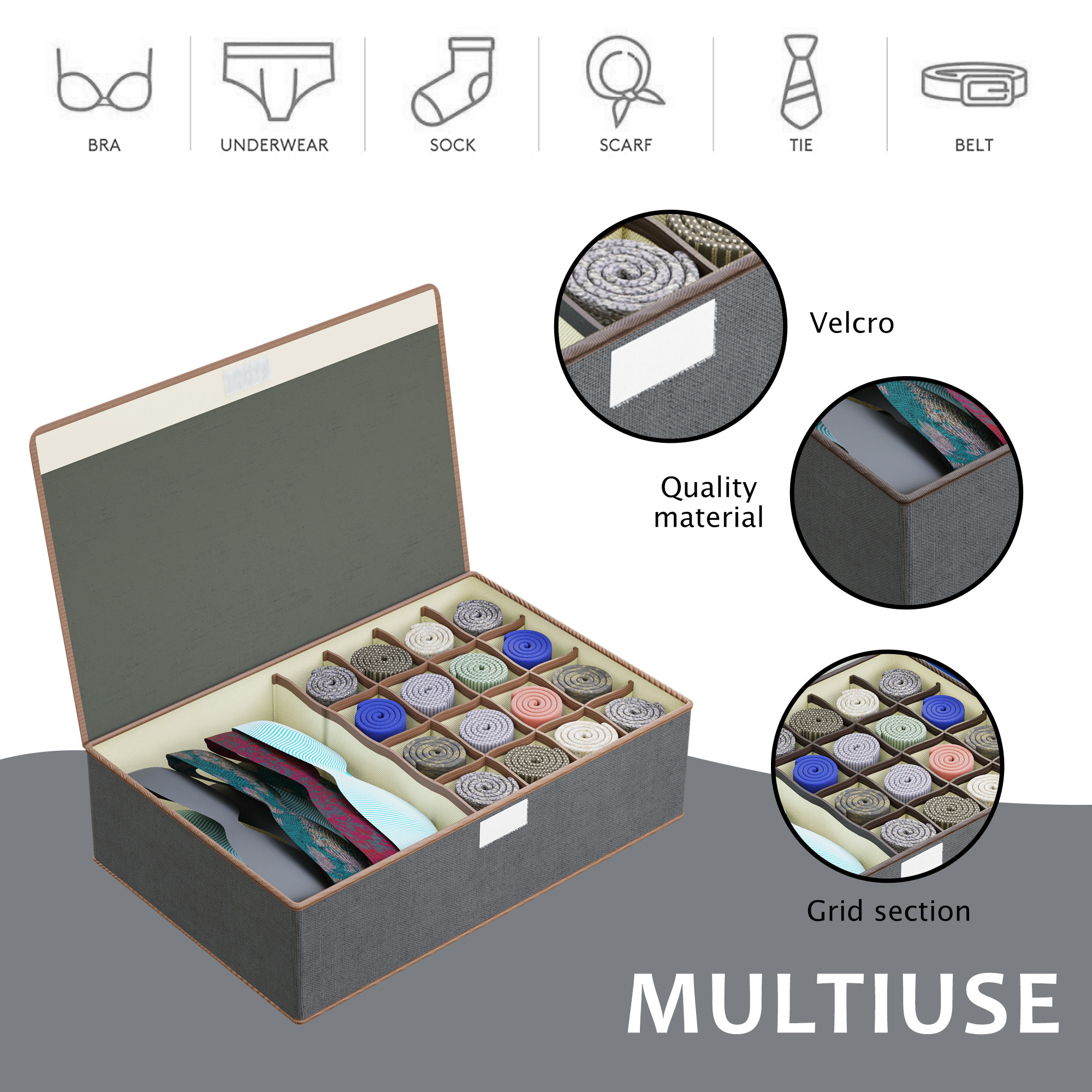 Kuber Industries Foldable Multicompartment Socks Organizer for Wardrobe with Transparent Lid Cloth Organizer for Storage  Tie  Socks Organisers Storage Box for Closet  LJ-16-GRY  Grey