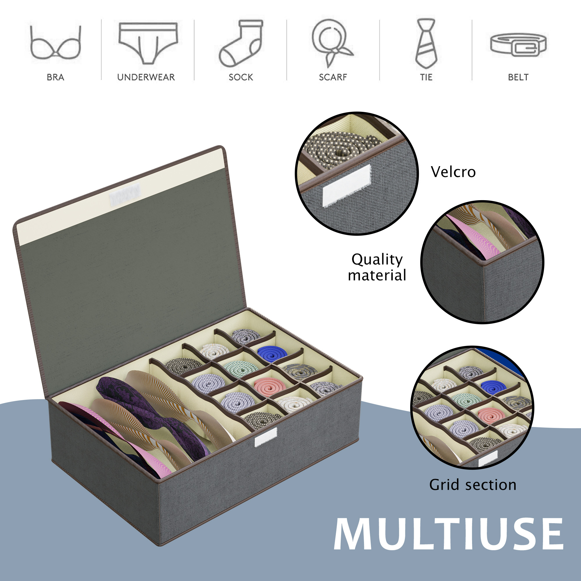Kuber Industries Foldable Multicompartment Socks Organizer for Wardrobe with Transparent Lid Cloth Organizer for Storage  Tie  Socks Organisers Storage Box for Closet  LJ-15-GRY  Grey