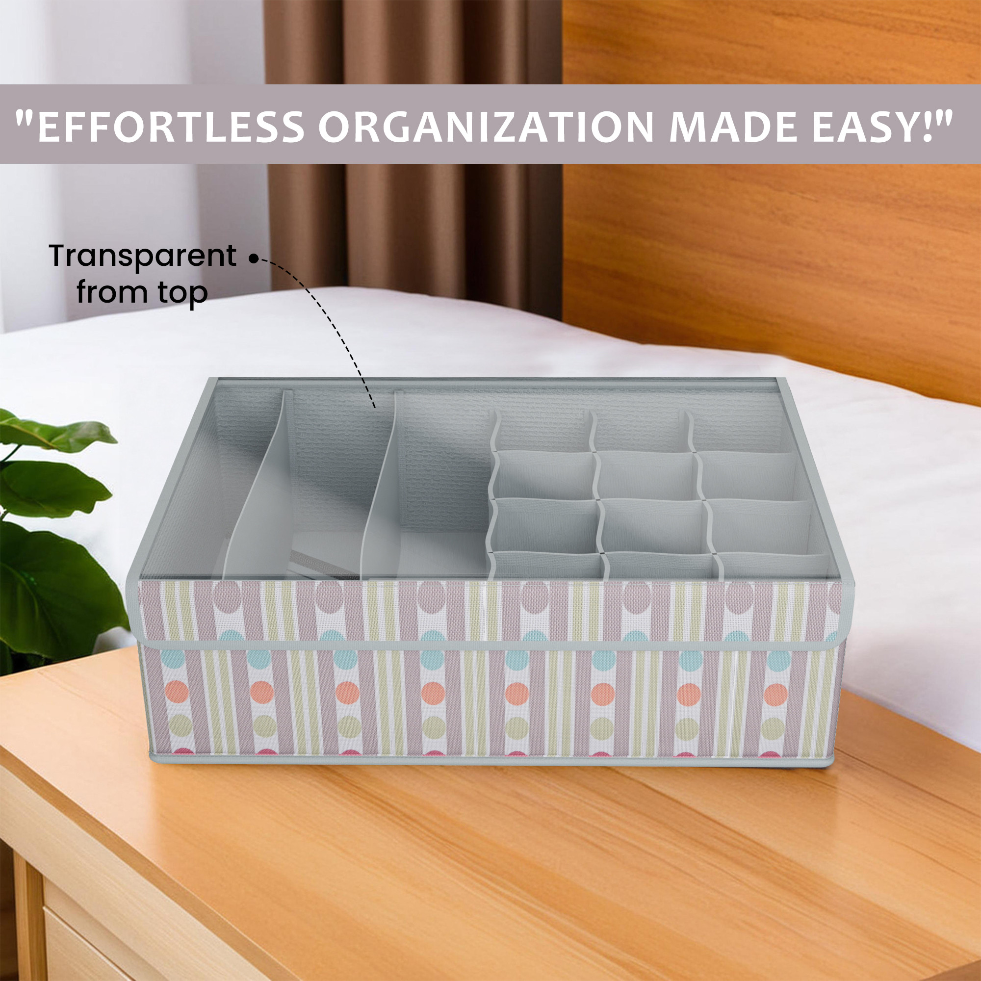 Kuber Industries Foldable Multicompartment Socks Organizer for Wardrobe with Transparent Lid Cloth Organizer for Storage  Tie  Socks Organisers Storage Box for Closet  YJ-31-GRY  Grey