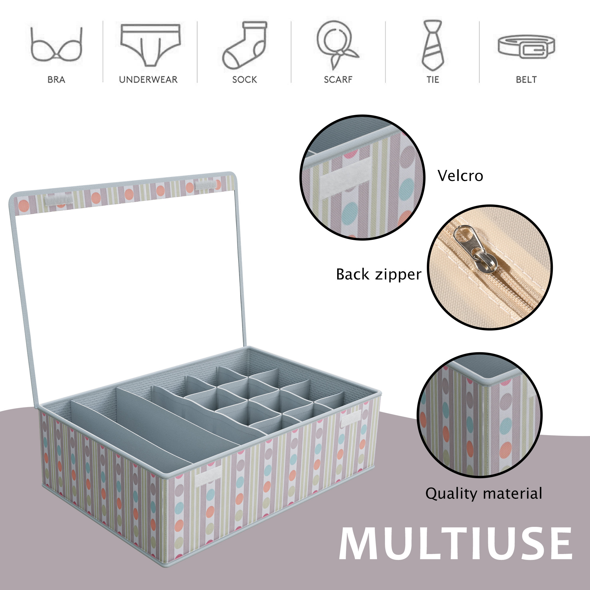 Kuber Industries Foldable Multicompartment Socks Organizer for Wardrobe with Transparent Lid Cloth Organizer for Storage  Tie  Socks Organisers Storage Box for Closet  YJ-31-GRY  Grey