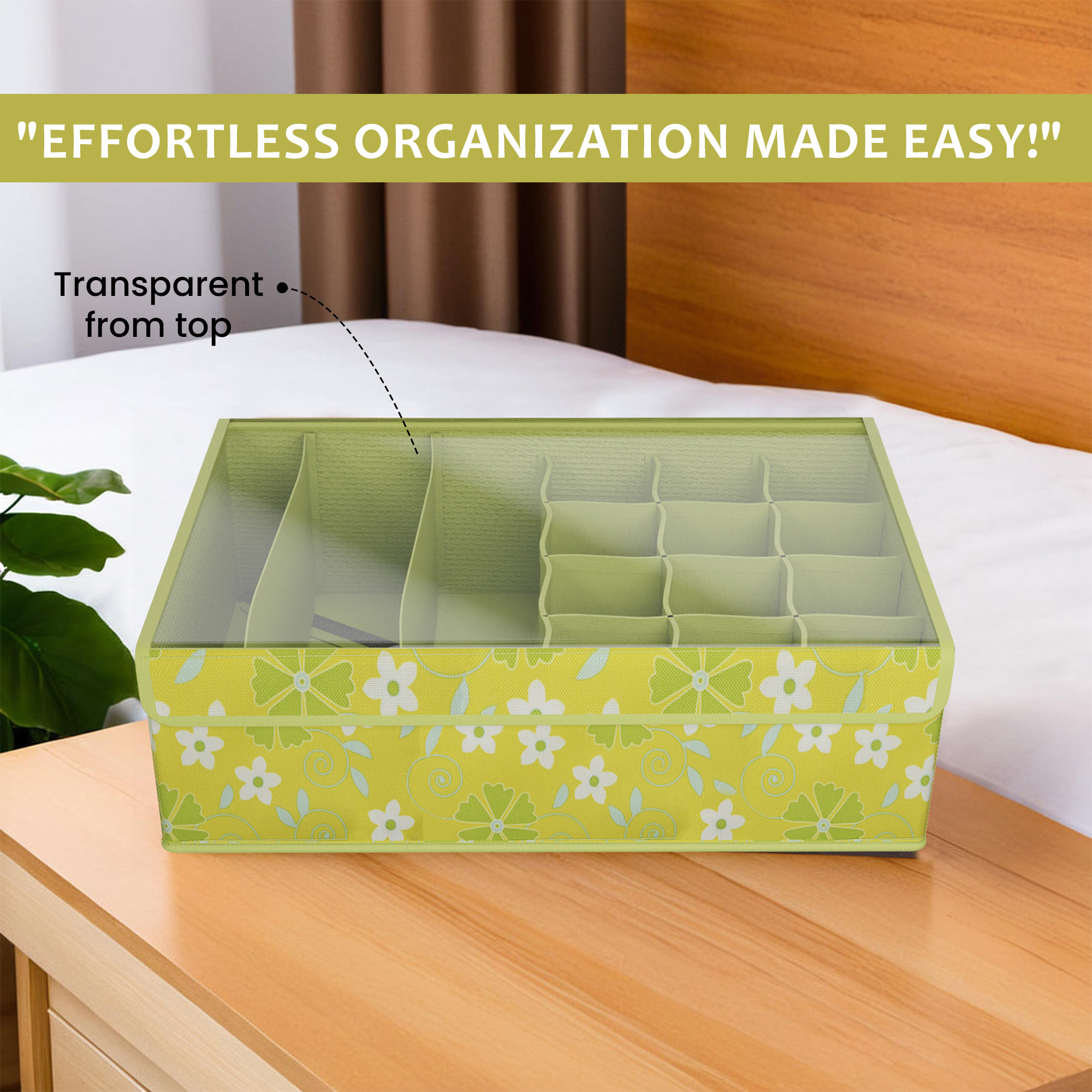 Kuber Industries Foldable Multicompartment Socks Organizer for Wardrobe with Transparent Lid Cloth Organizer for Storage  Tie  Socks Organisers Storage Box for Closet  YJ-31-GRN  Green