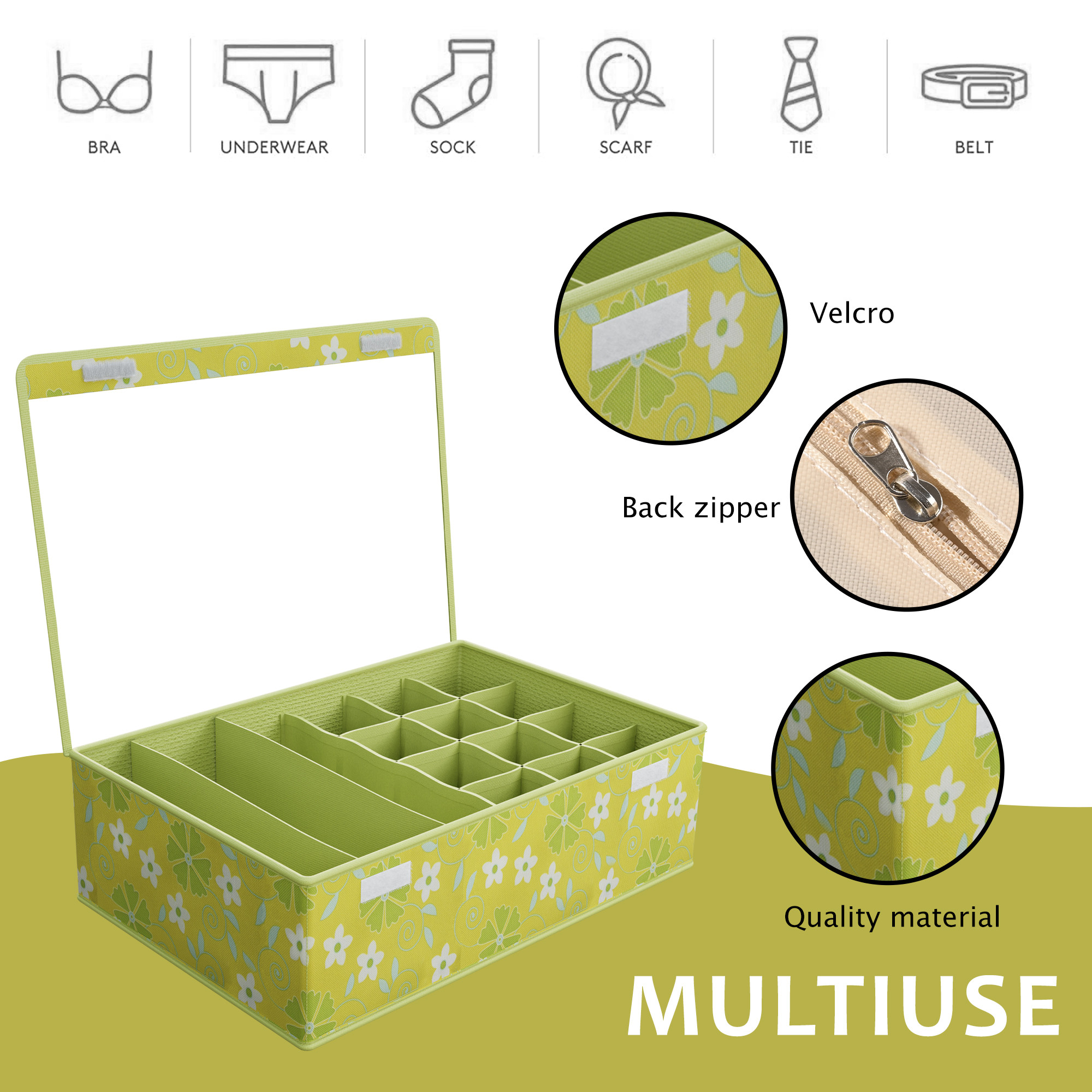 Kuber Industries Foldable Multicompartment Socks Organizer for Wardrobe with Transparent Lid Cloth Organizer for Storage  Tie  Socks Organisers Storage Box for Closet  YJ-31-GRN  Green
