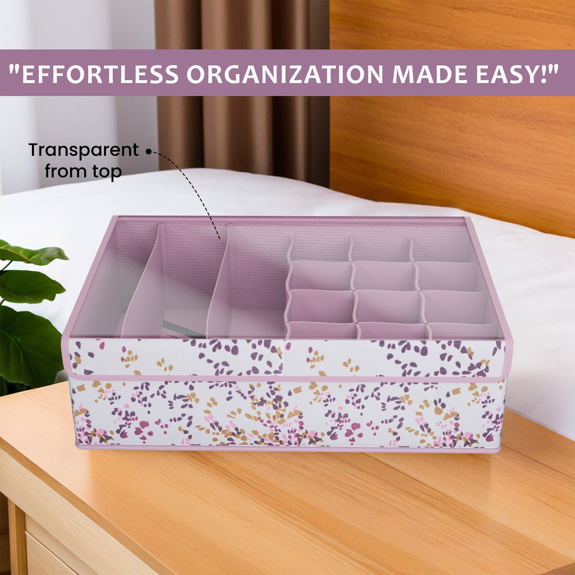 Kuber Industries Foldable Multicompartment Socks Organizer for Wardrobe with Transparent Lid Cloth Organizer for Storage  Tie  Socks Organisers Storage Box for Closet  YJ-31-PNK  Pink