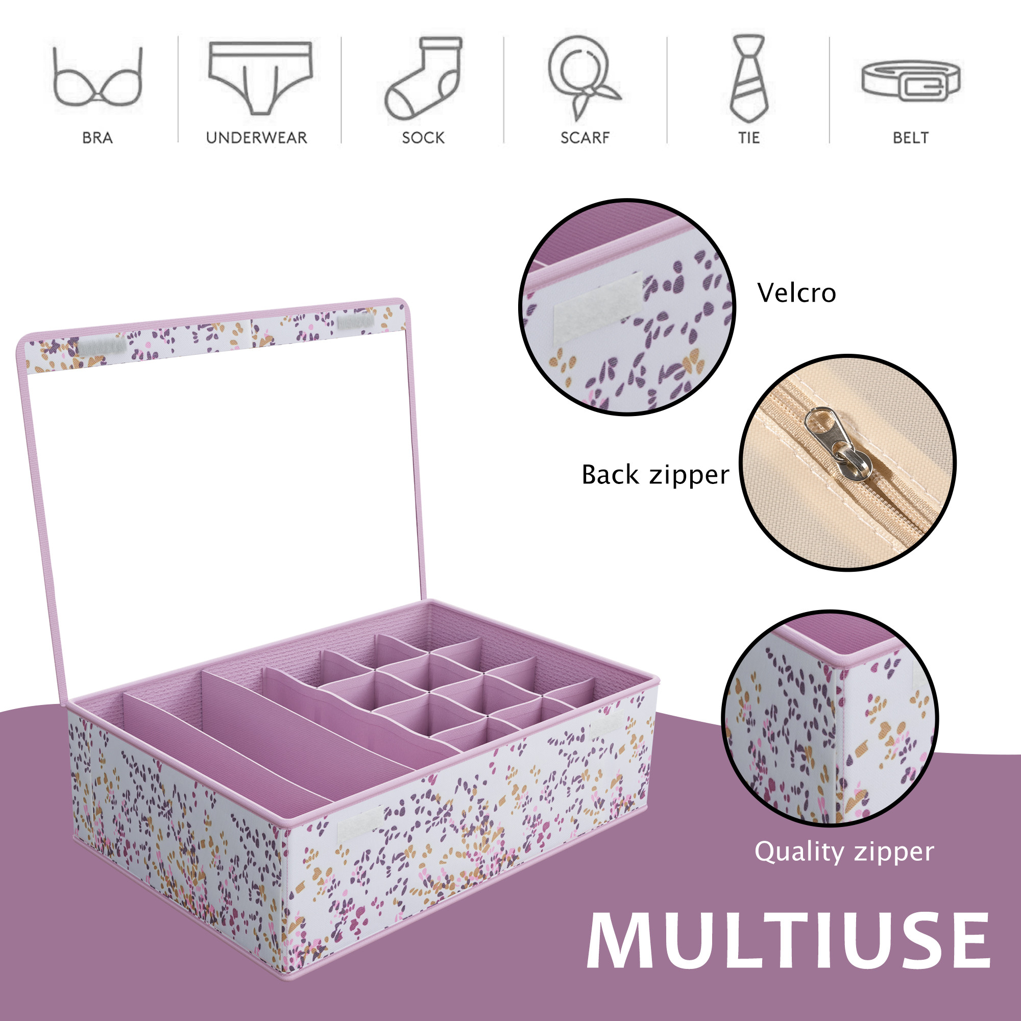 Kuber Industries Foldable Multicompartment Socks Organizer for Wardrobe with Transparent Lid Cloth Organizer for Storage  Tie  Socks Organisers Storage Box for Closet  YJ-31-PNK  Pink