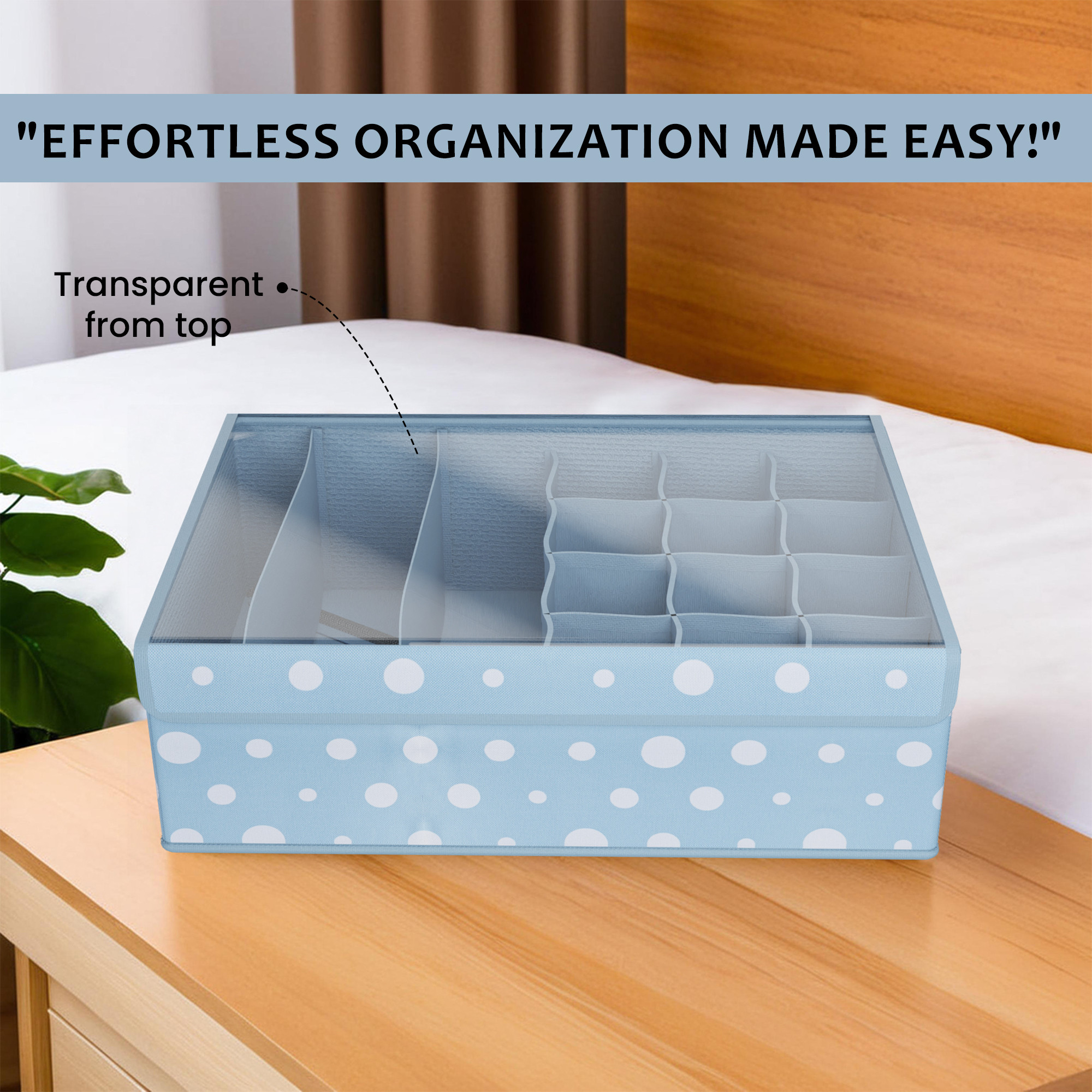 Kuber Industries Foldable Multicompartment Socks Organizer for Wardrobe with Transparent Lid Cloth Organizer for Storage  Tie  Socks Organisers Storage Box for Closet  YJ-31-BLU  Blue