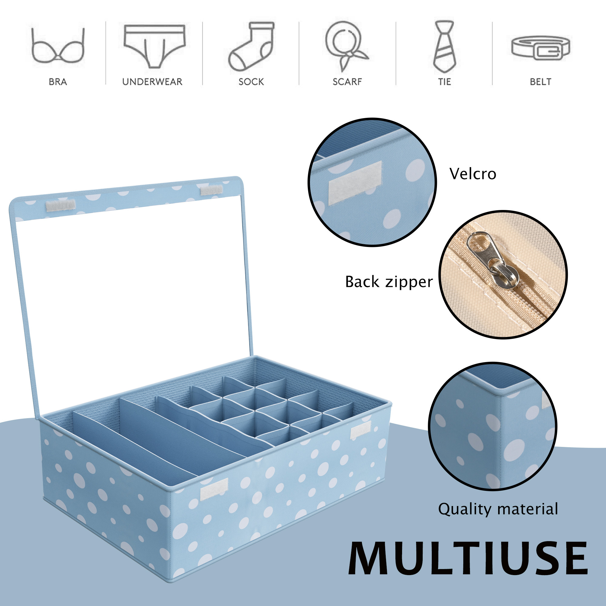 Kuber Industries Foldable Multicompartment Socks Organizer for Wardrobe with Transparent Lid Cloth Organizer for Storage  Tie  Socks Organisers Storage Box for Closet  YJ-31-BLU  Blue