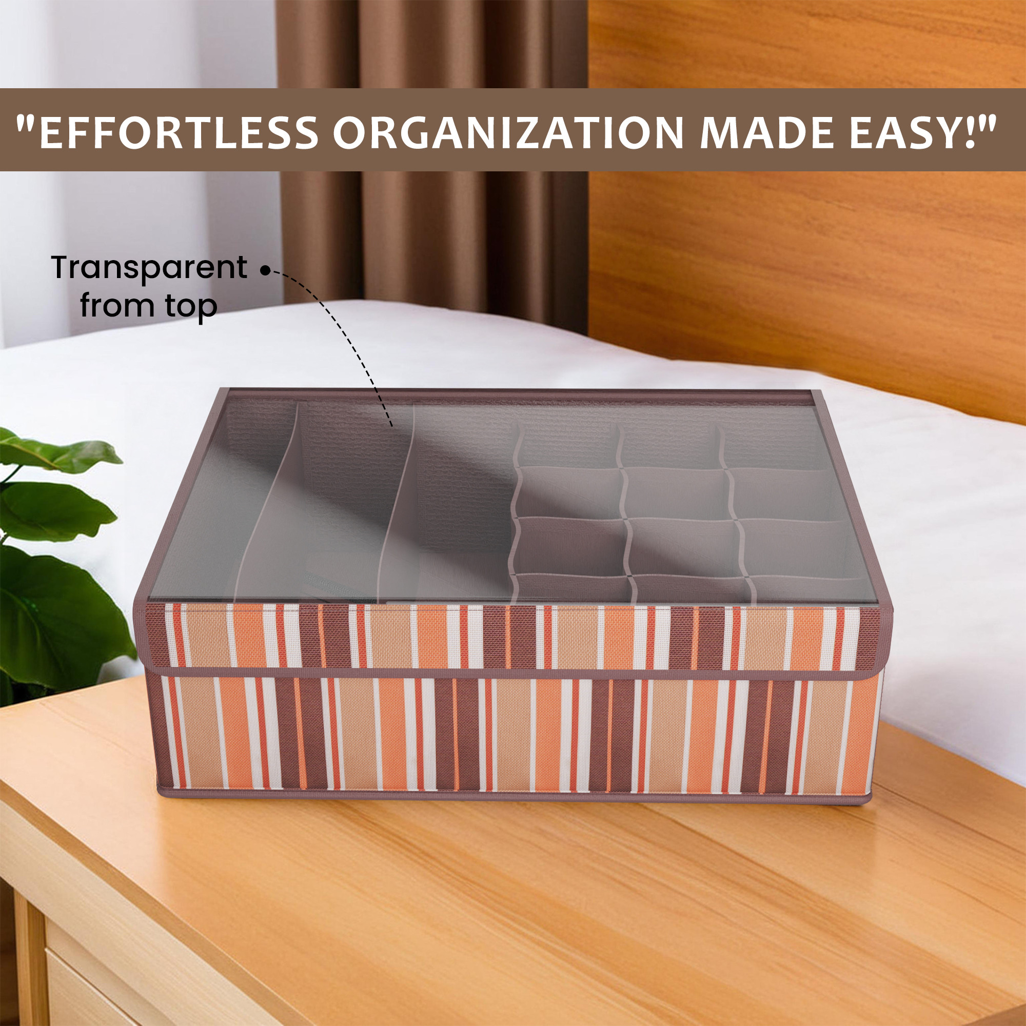 Kuber Industries Foldable Multicompartment Socks Organizer for Wardrobe with Transparent Lid Cloth Organizer for Storage  Tie  Socks Organisers Storage Box for Closet  YJ-31-BRN  Brown