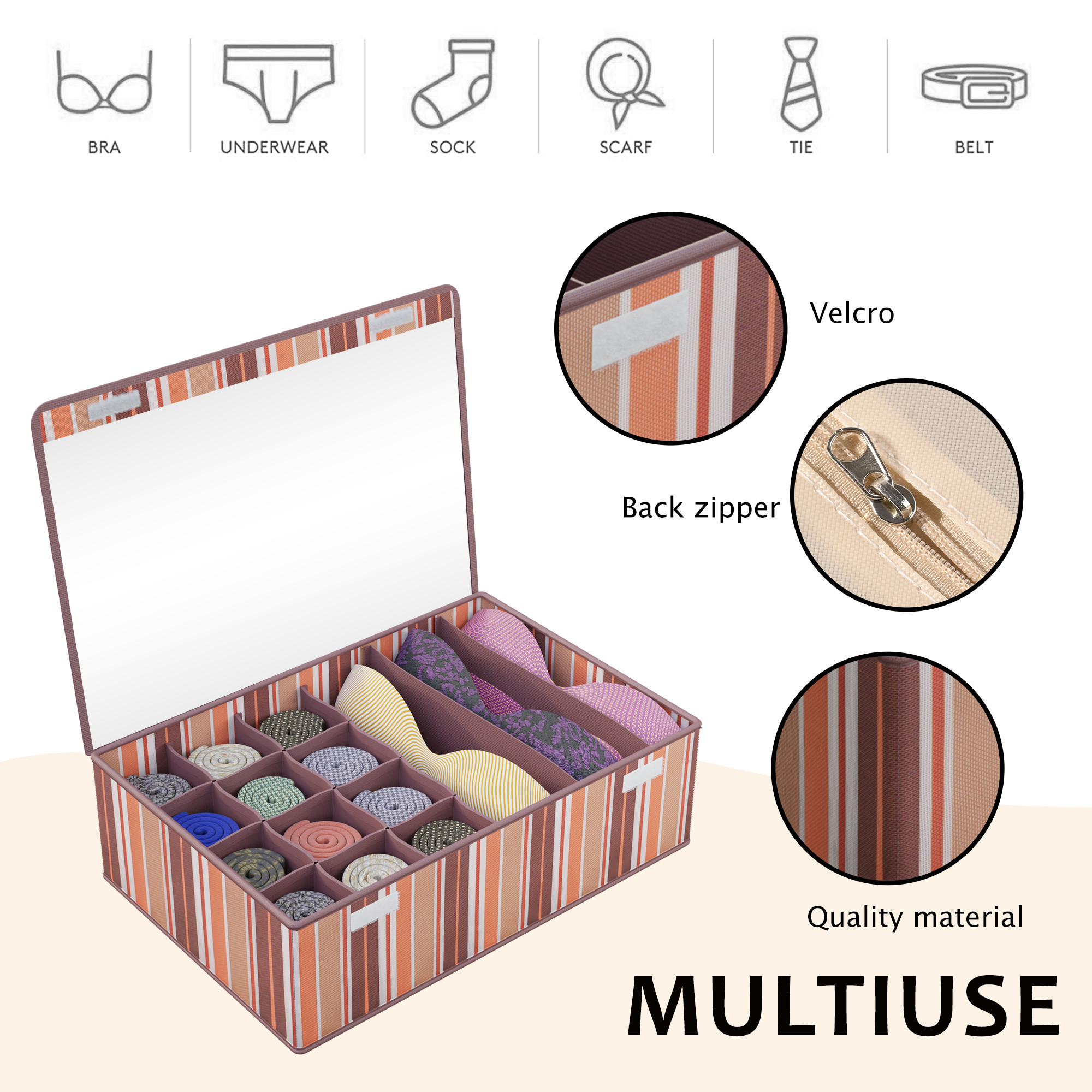 Kuber Industries Foldable Multicompartment Socks Organizer for Wardrobe with Transparent Lid Cloth Organizer for Storage  Tie  Socks Organisers Storage Box for Closet  YJ-31-BRN  Brown