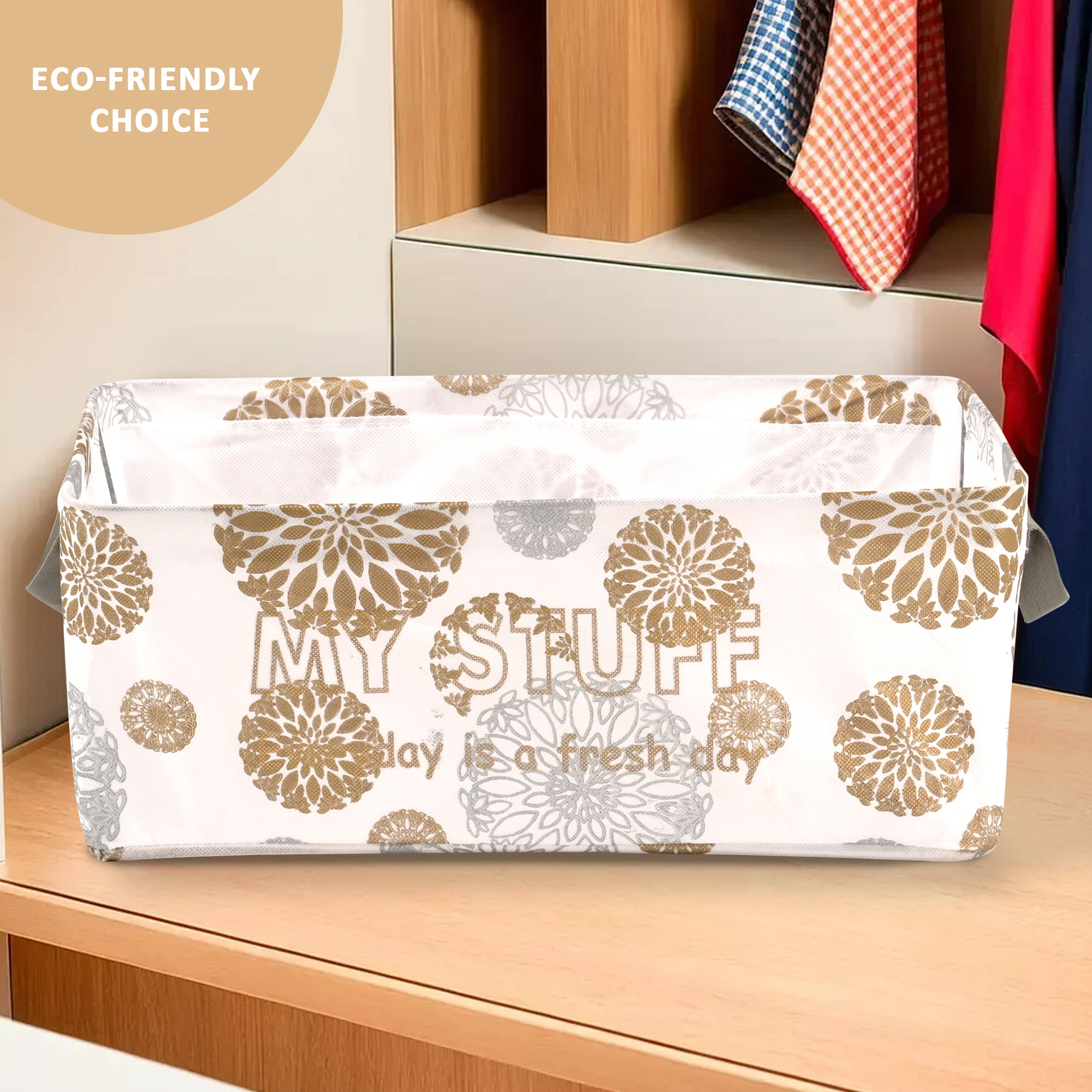 Kuber Industries Foldable Non-Woven Storage Box for Clothes  Dress  Towel Organiser for Wardrobe  Collapsible Container Basket - White