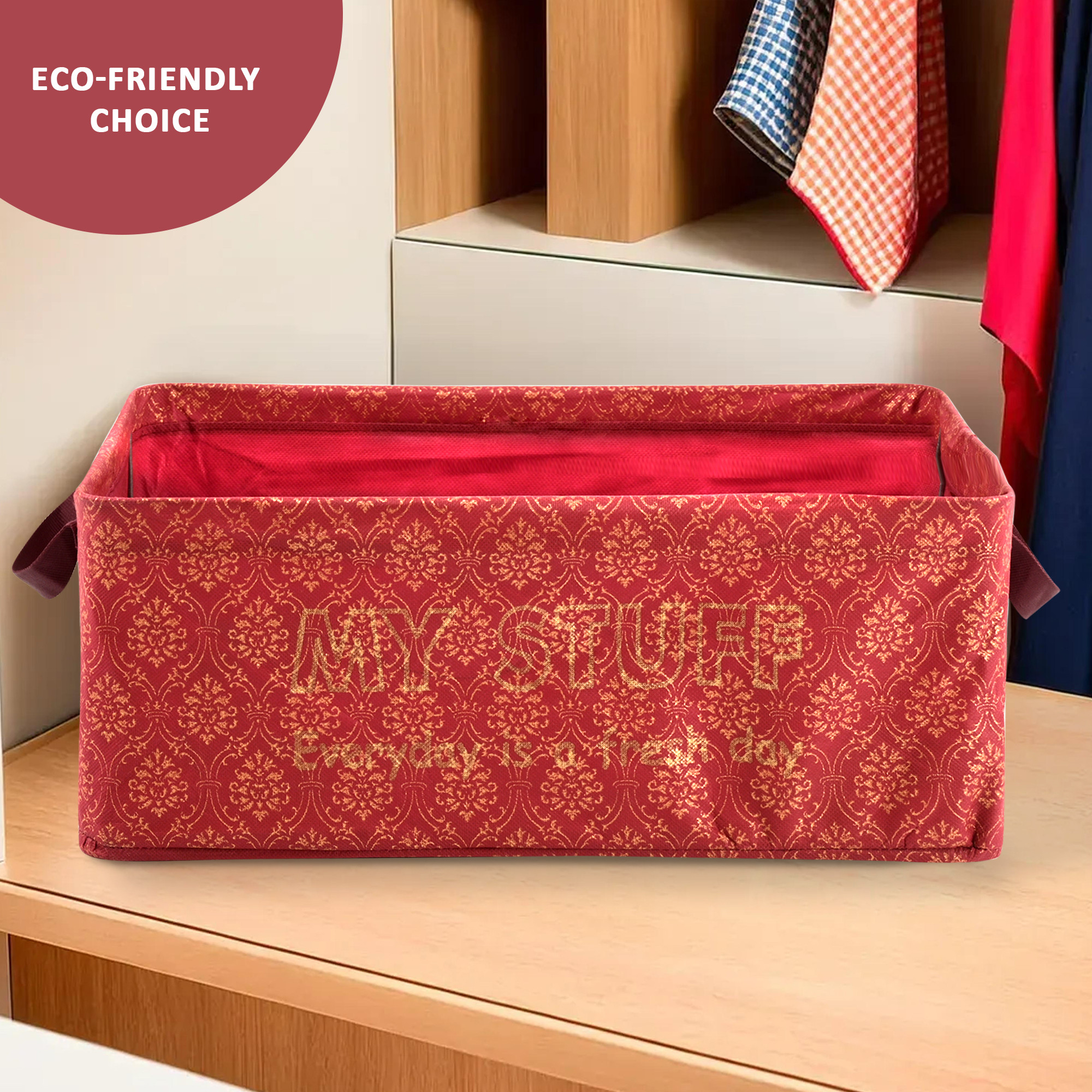 Kuber Industries Foldable Non-Woven Storage Box for Clothes  Dress  Towel Organiser for Wardrobe  Collapsible Container Basket - Maroon