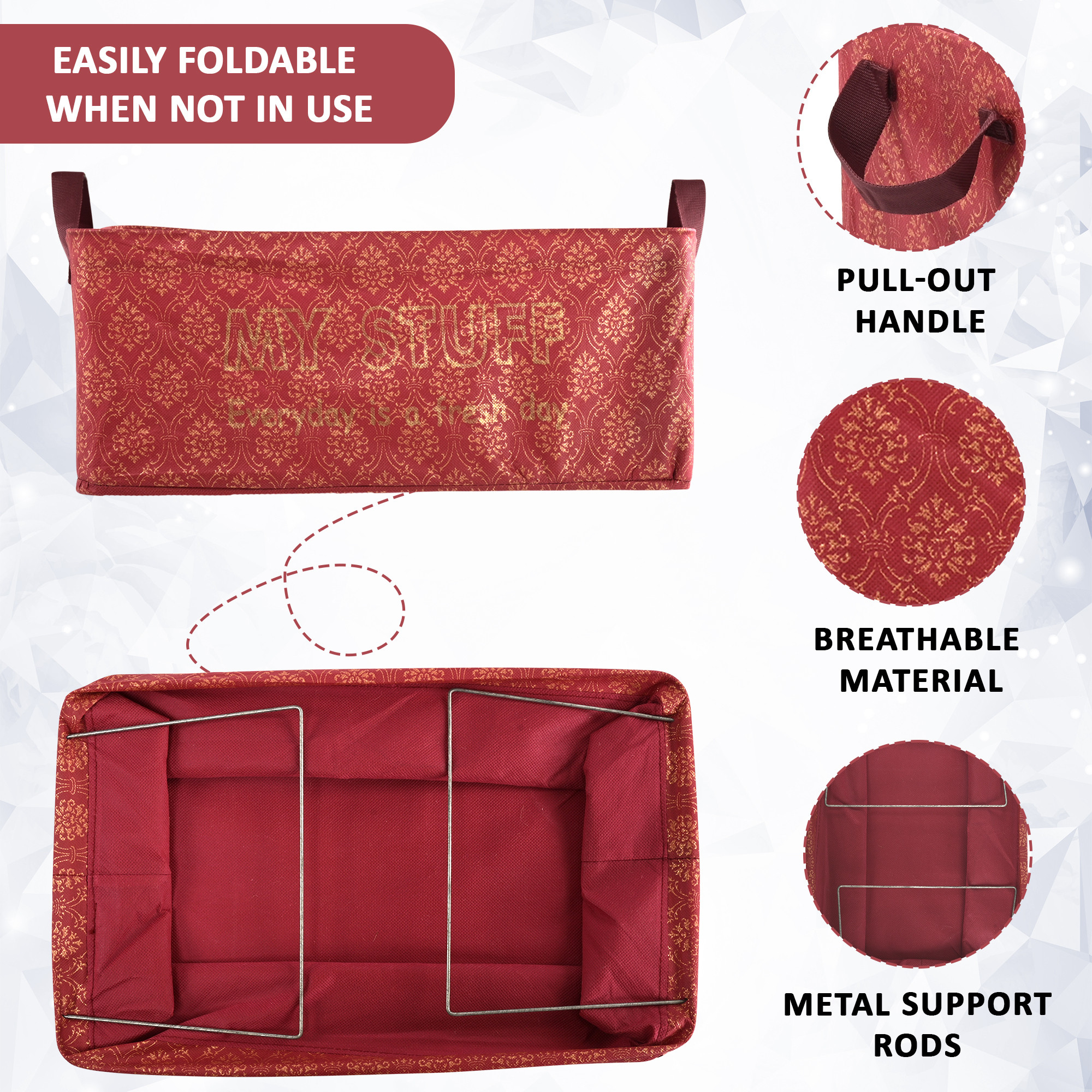 Kuber Industries Foldable Non-Woven Storage Box for Clothes  Dress  Towel Organiser for Wardrobe  Collapsible Container Basket - Maroon