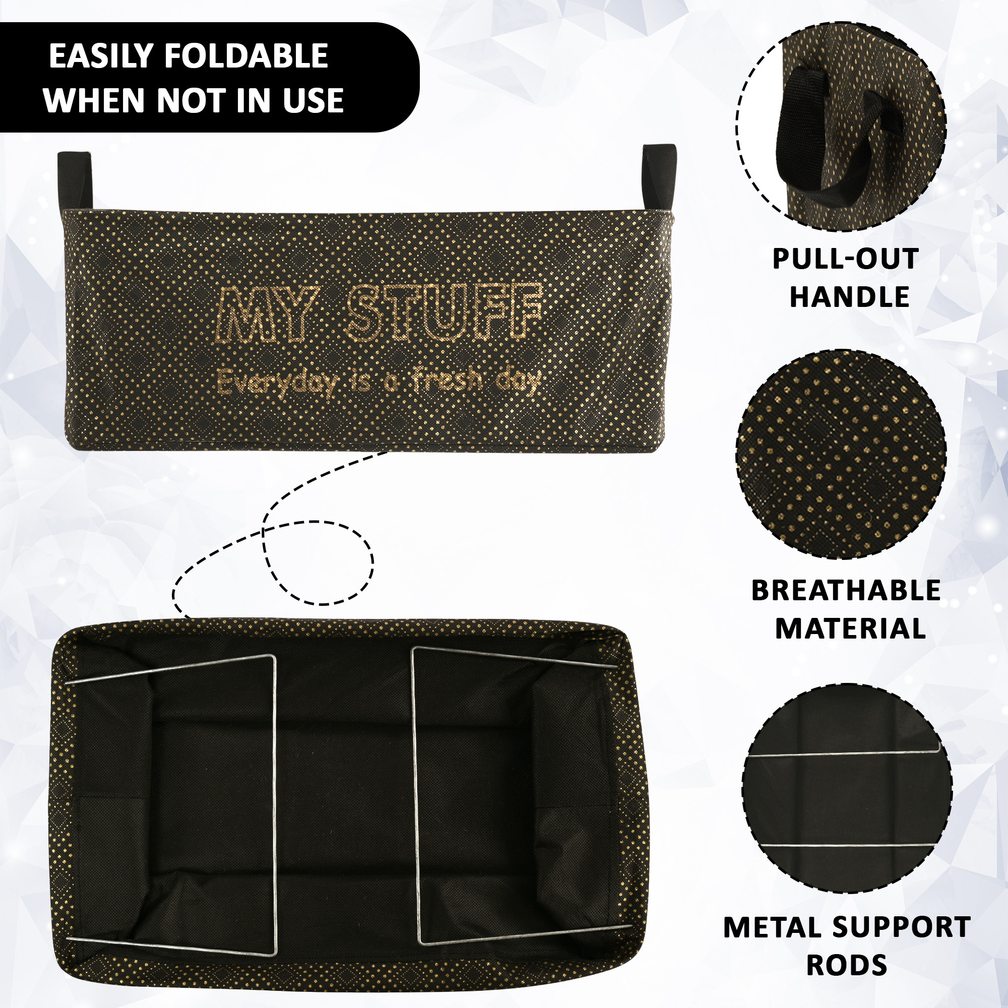 Kuber Industries Foldable Non-Woven Storage Box for Clothes  Dress  Towel Organiser for Wardrobe  Collapsible Container Basket - Black