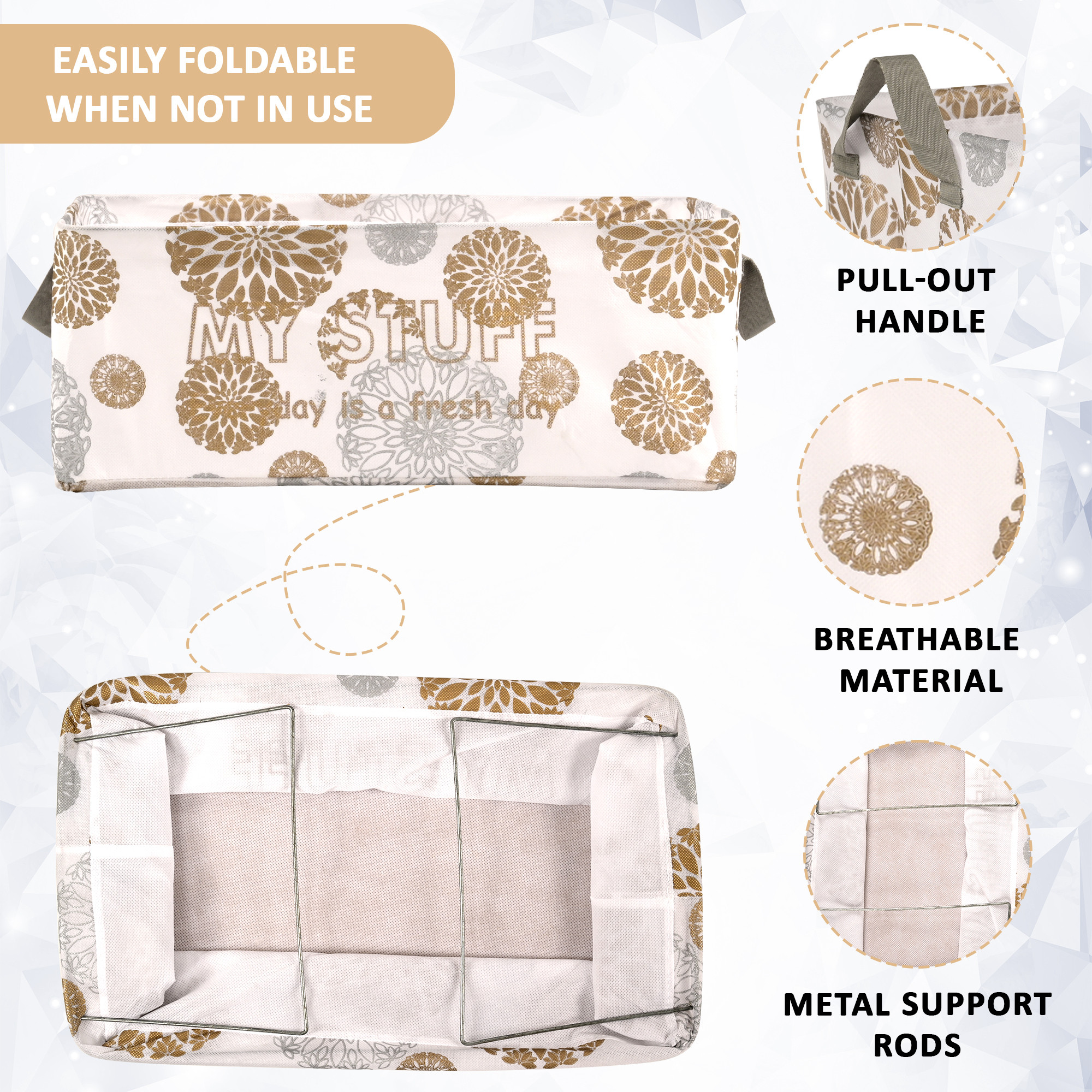 Kuber Industries Foldable Non-Woven Storage Box for Clothes  Dress  Towel Organiser for Wardrobe  Collapsible Container Basket - White