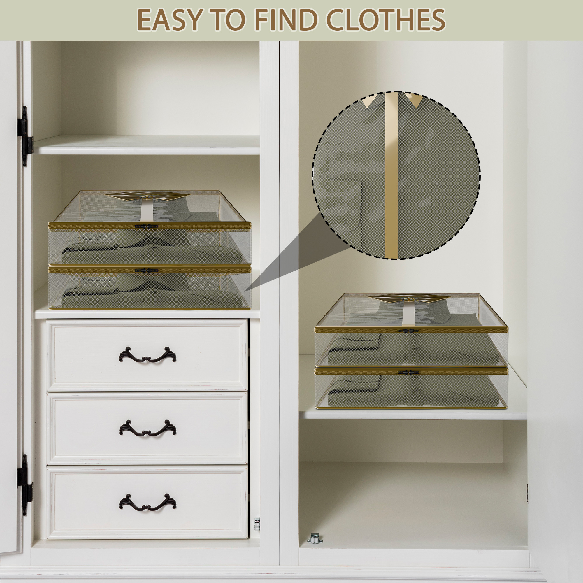 Kuber Industries Foldable Shirt Cover  Shirt Storage Organizer  Transparent Wardrobe Organizer for Storage  Smart Clothes Organizer Box  Kapde Rakhne ka Box  Gold - Transparent