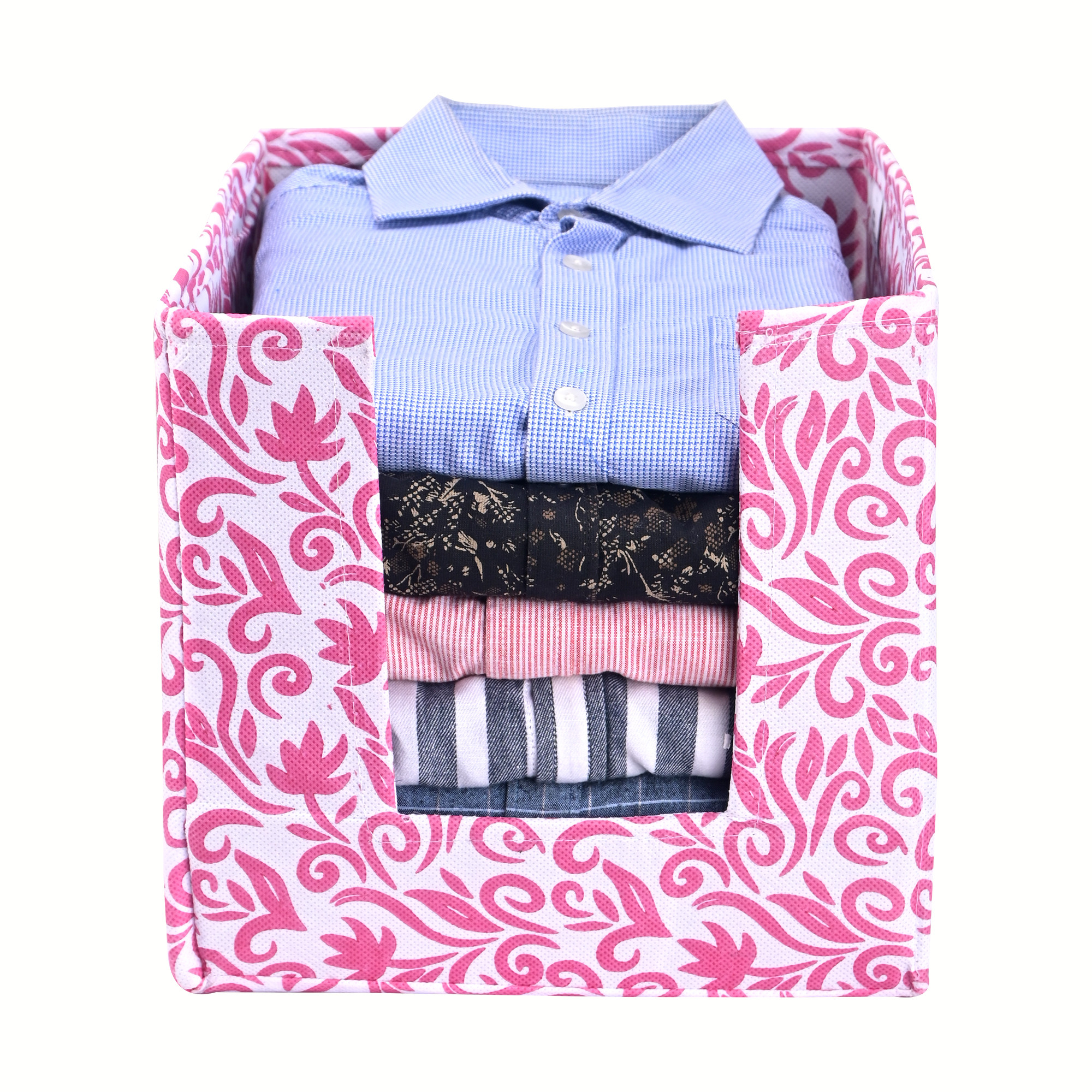 Kuber Industries Foldable Shirt Stacker for Wardrobe  Closet Drawer Organizers for Clothes  Almirah Storage Box for Men  Women  Cloth Organizer for Storage  Leaf - Pink