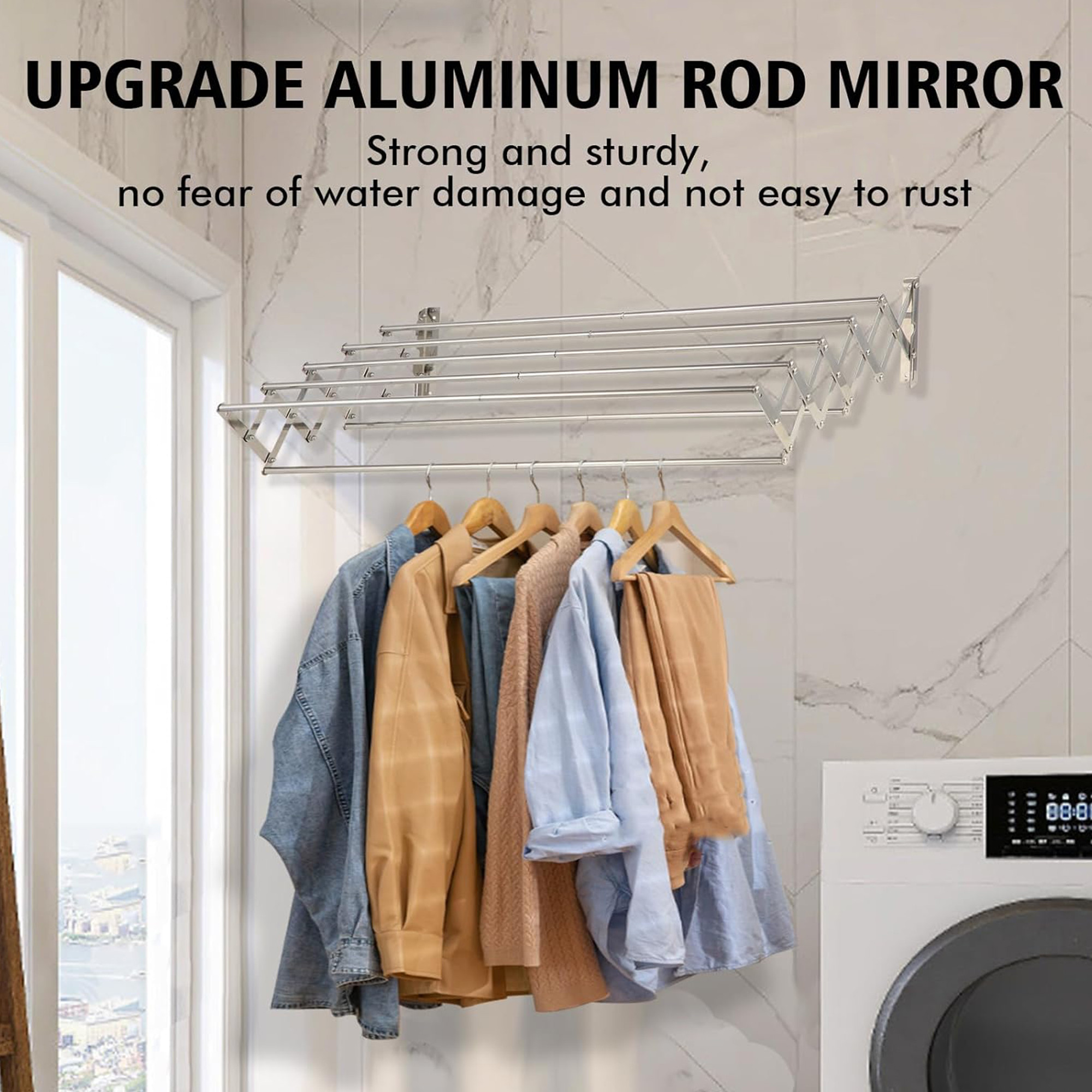 Kuber Industries Foldable Steel 8 Rods Cloth Drying Stand Wall Mounted 24x8 Inch  Kapda Sukhane ka Stand  Space-Saving Laundry Hanger  Cloth Stand for Balcony  Silver