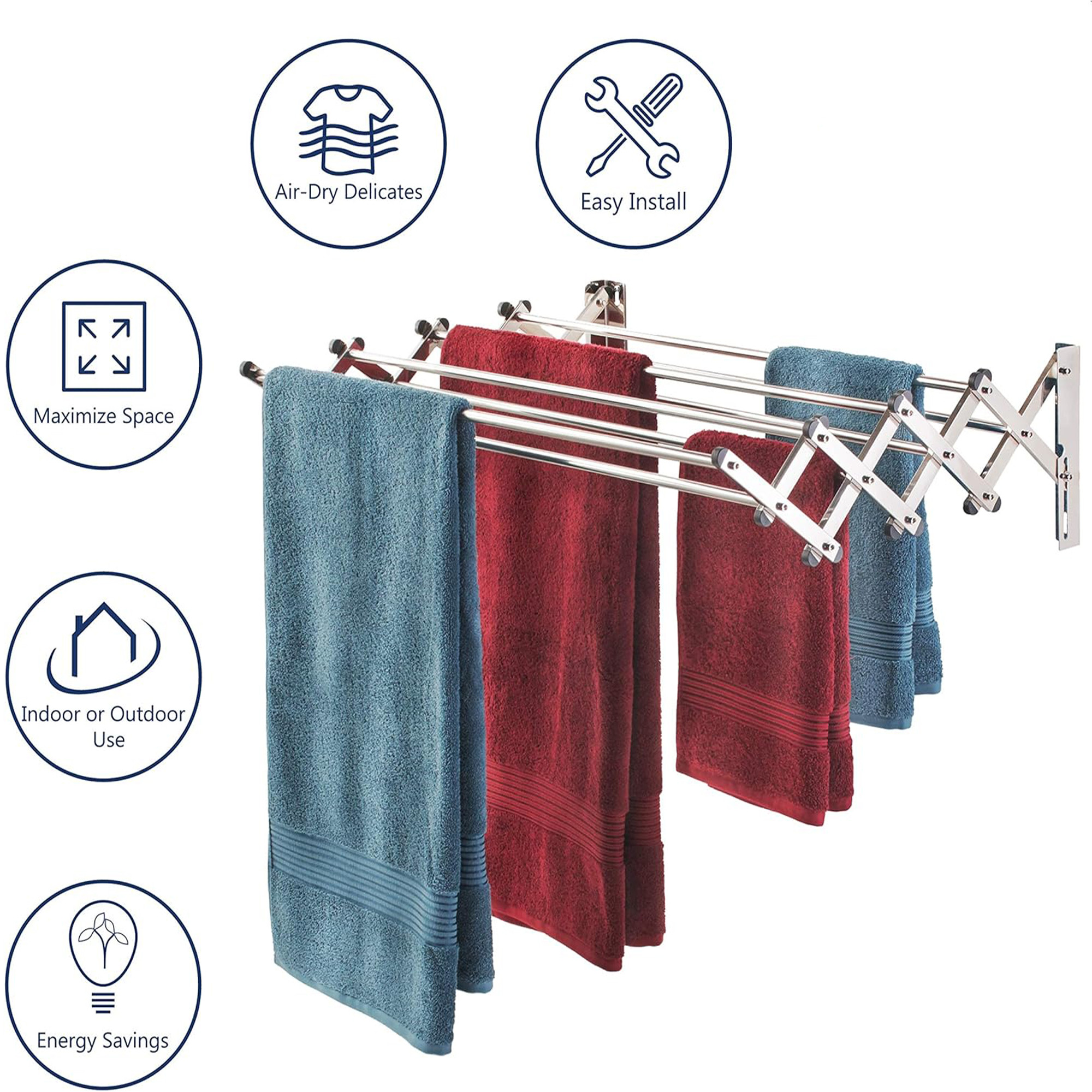 Kuber Industries Foldable Steel 8 Rods Cloth Drying Stand Wall Mounted 24x8 Inch  Kapda Sukhane ka Stand  Space-Saving Laundry Hanger  Cloth Stand for Balcony  Silver
