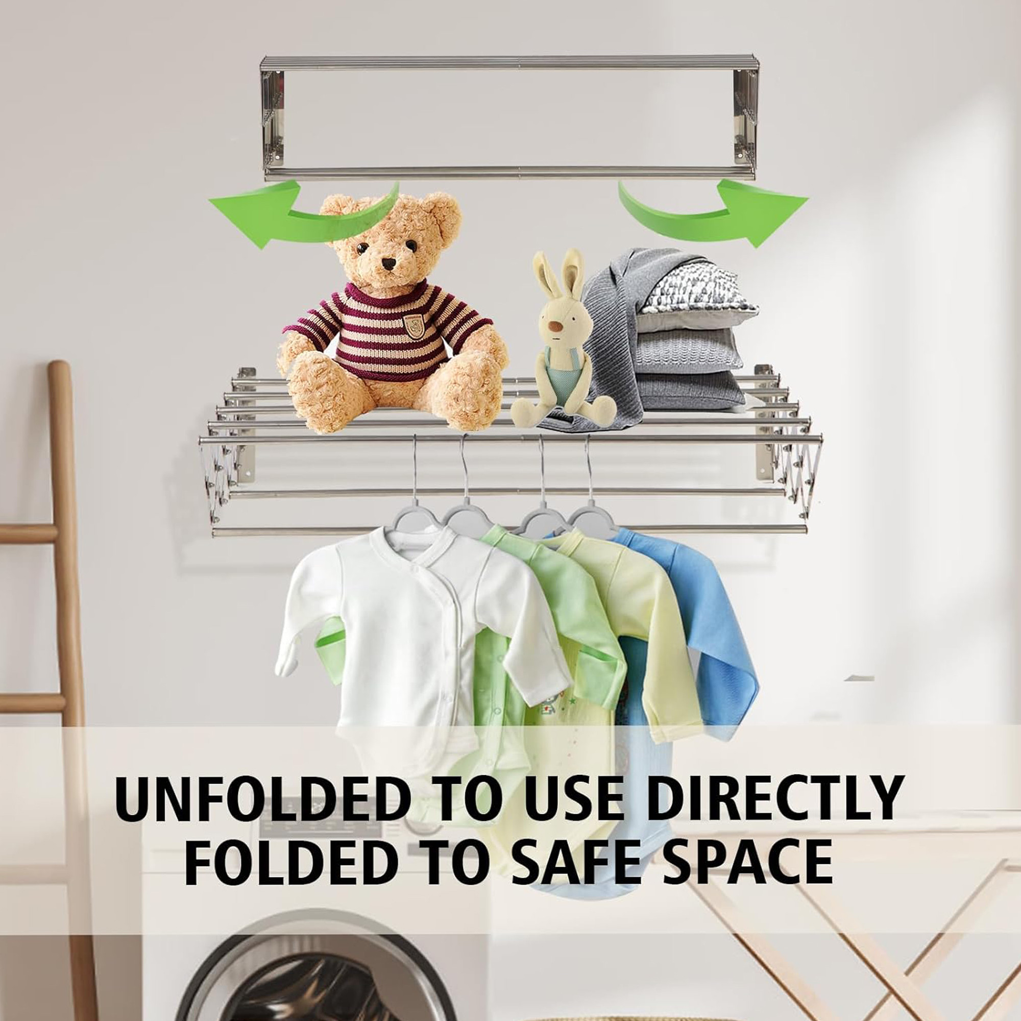 Kuber Industries Foldable Steel 8 Rods Cloth Drying Stand Wall Mounted 24x8 Inch  Kapda Sukhane ka Stand  Space-Saving Laundry Hanger  Cloth Stand for Balcony  Silver