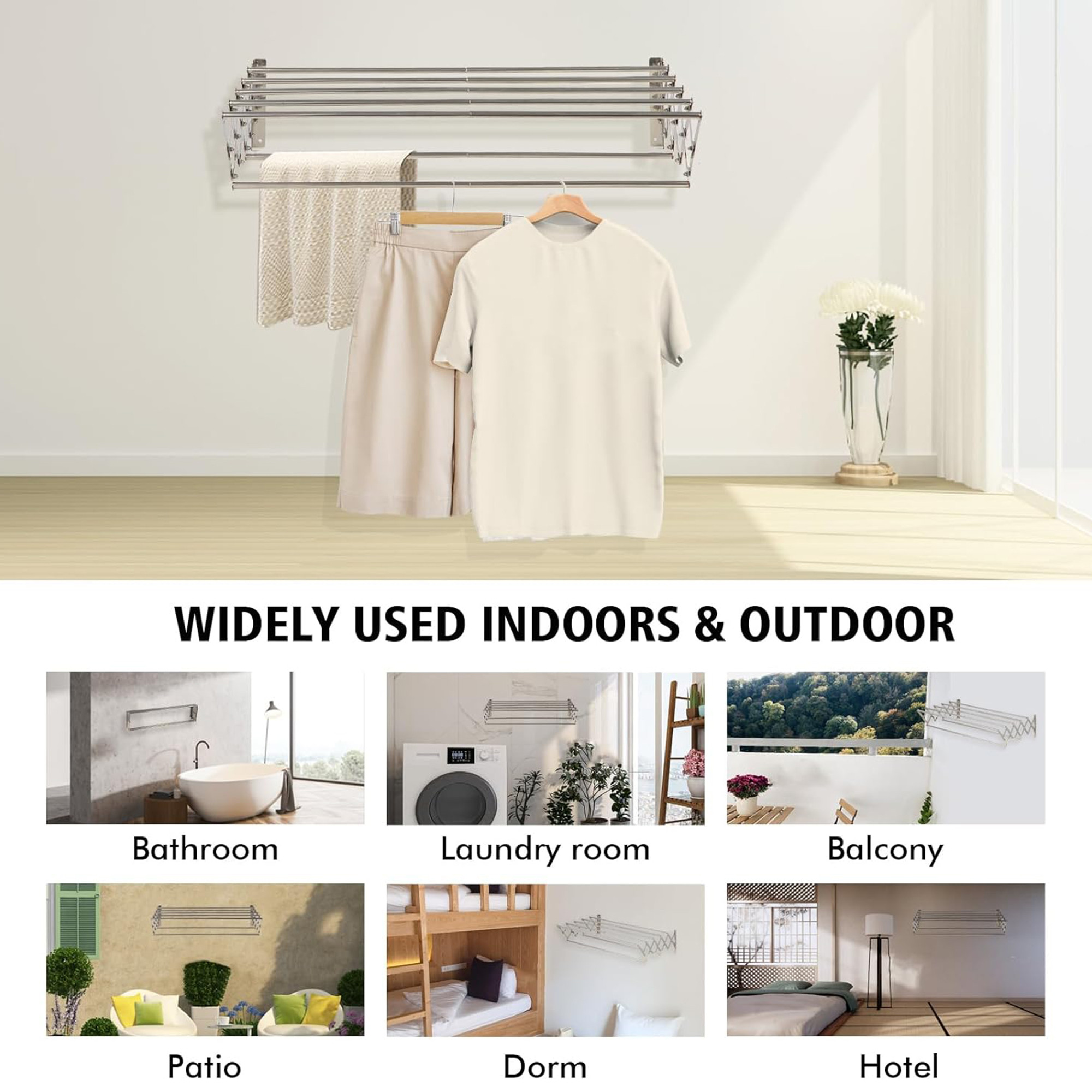 Kuber Industries Foldable Steel 8 Rods Cloth Drying Stand Wall Mounted 24x8 Inch  Kapda Sukhane ka Stand  Space-Saving Laundry Hanger  Cloth Stand for Balcony  Silver