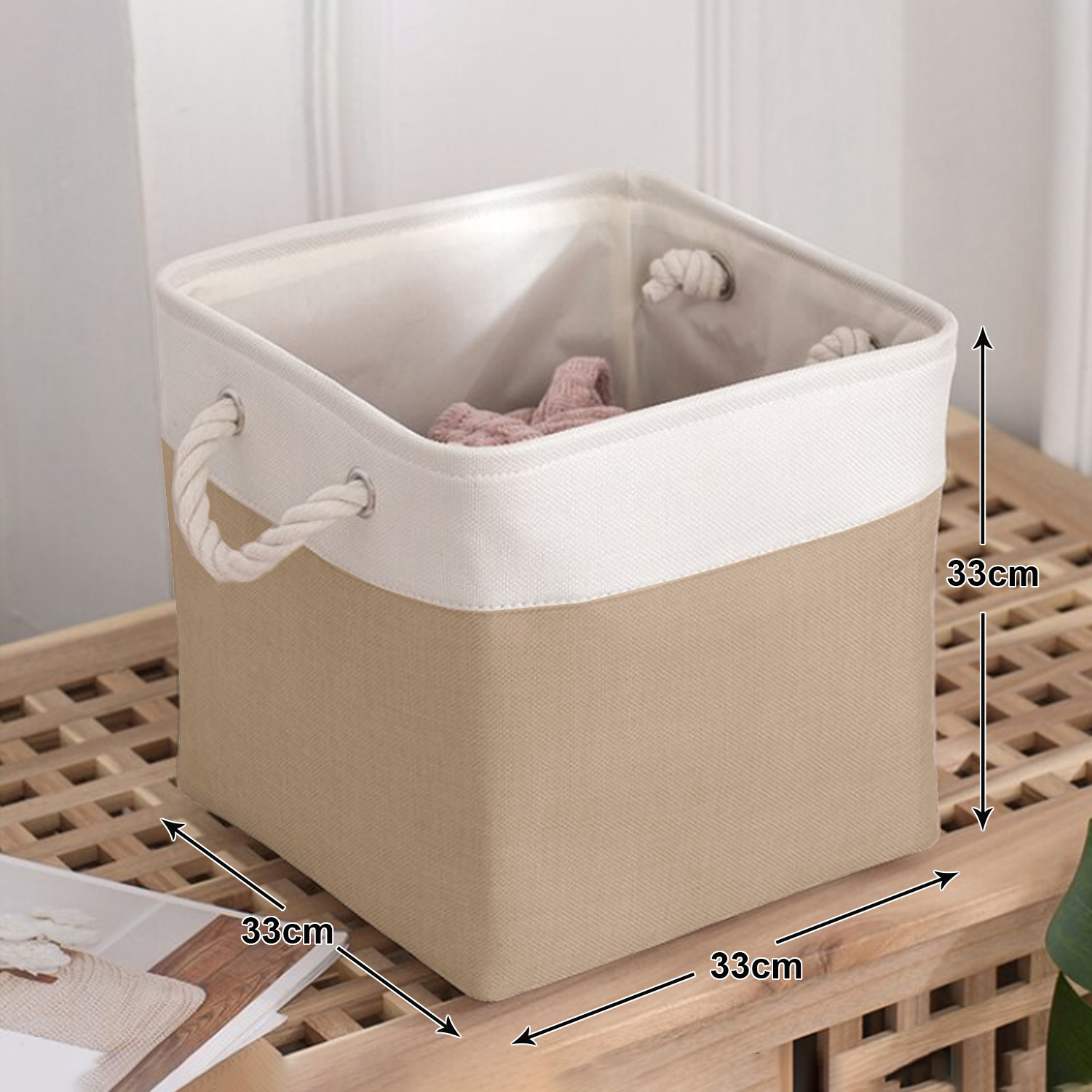 Kuber Industries Foldable Storage Basket|Polyester Toy Storage Bin|Wardrobe Organizer For Clothes (Dark Brown & Cream)