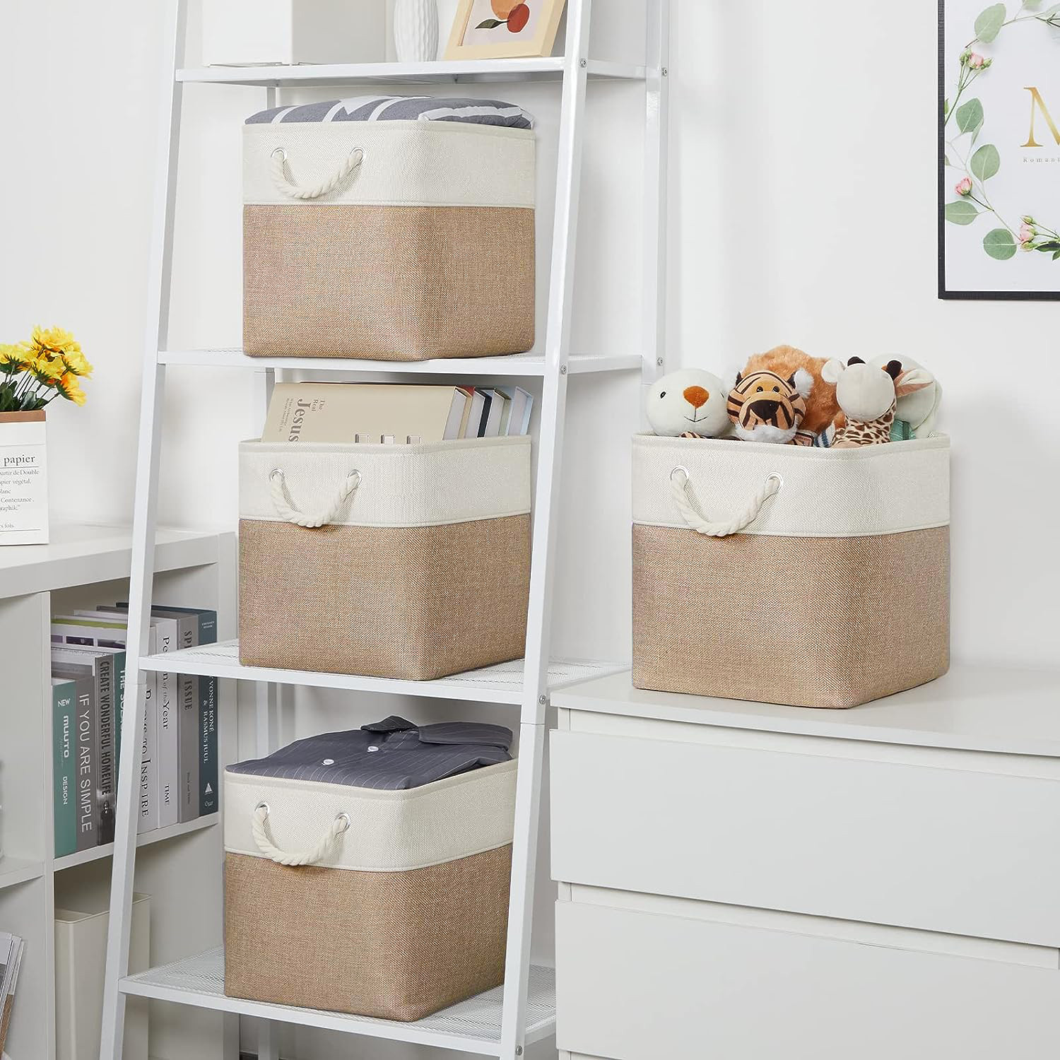 Kuber Industries Foldable Storage Basket|Polyester Toy Storage Bin|Wardrobe Organizer For Clothes (Dark Brown & Cream)