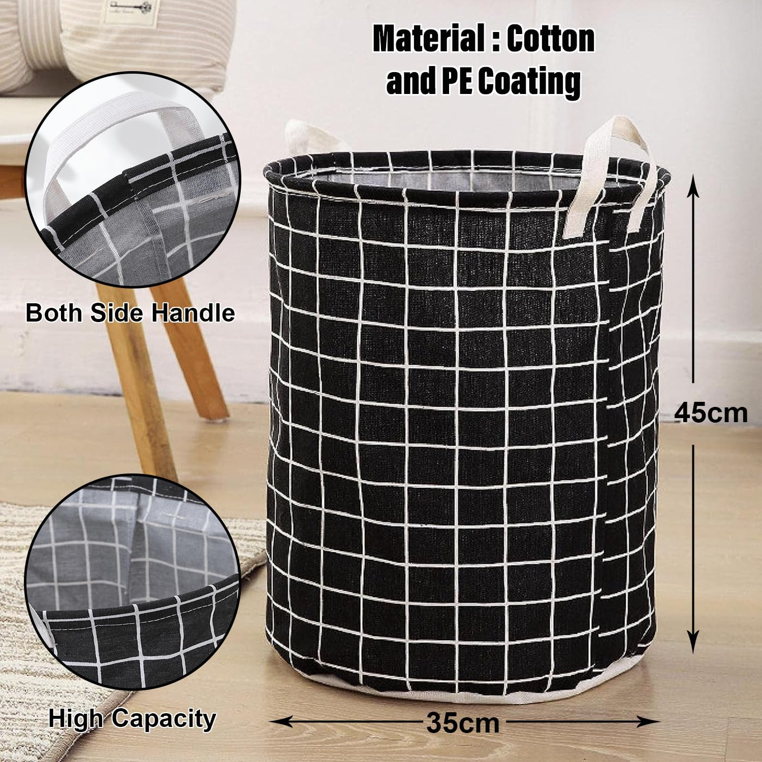 Kuber Industries Foldable Storage Basket|Round Toy Storage Bin|Side Grab Handle|Wardrobe, Closet Organizer (Black)
