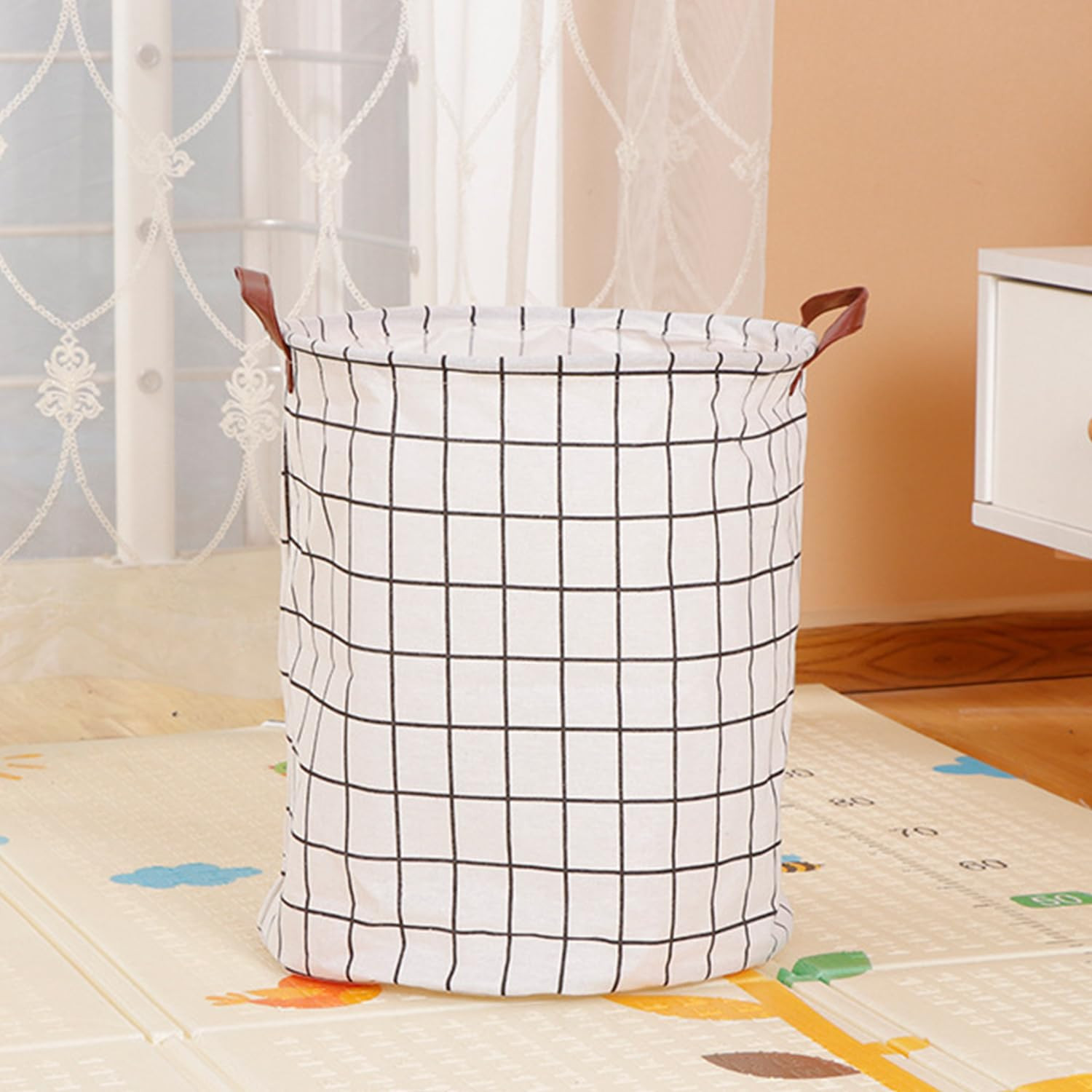 Kuber Industries Foldable Storage Basket|Round Toy Storage Bin|Side Grab Handle|Wardrobe, Closet Organizer (White)