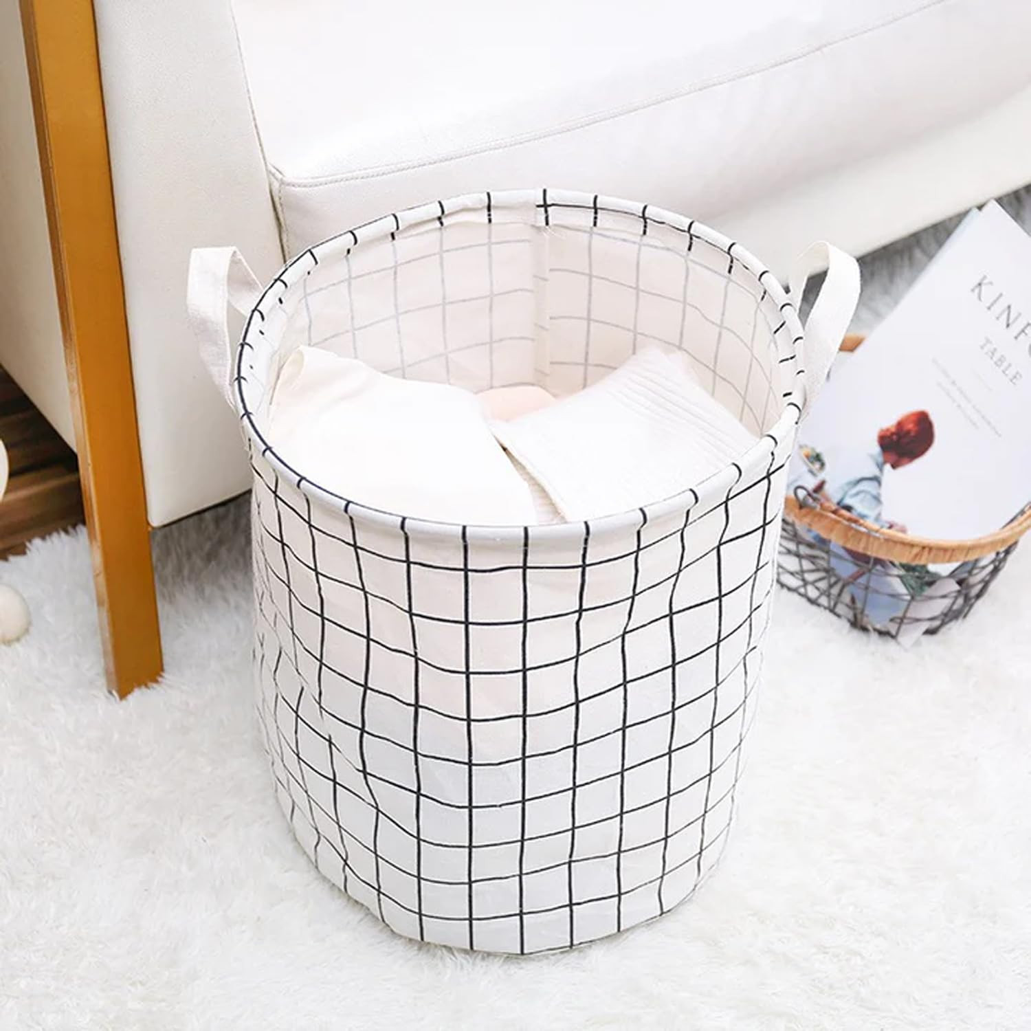 Kuber Industries Foldable Storage Basket|Round Toy Storage Bin|Side Grab Handle|Wardrobe, Closet Organizer (White)