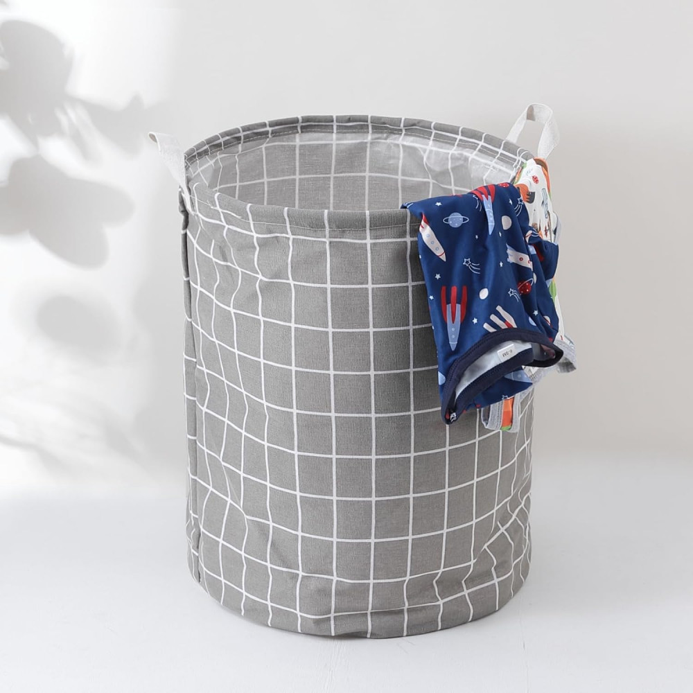 Kuber Industries Foldable Storage Basket|Round Toy Storage Bin|Side Grab Handle|Wardrobe, Closet Organizer (Grey)