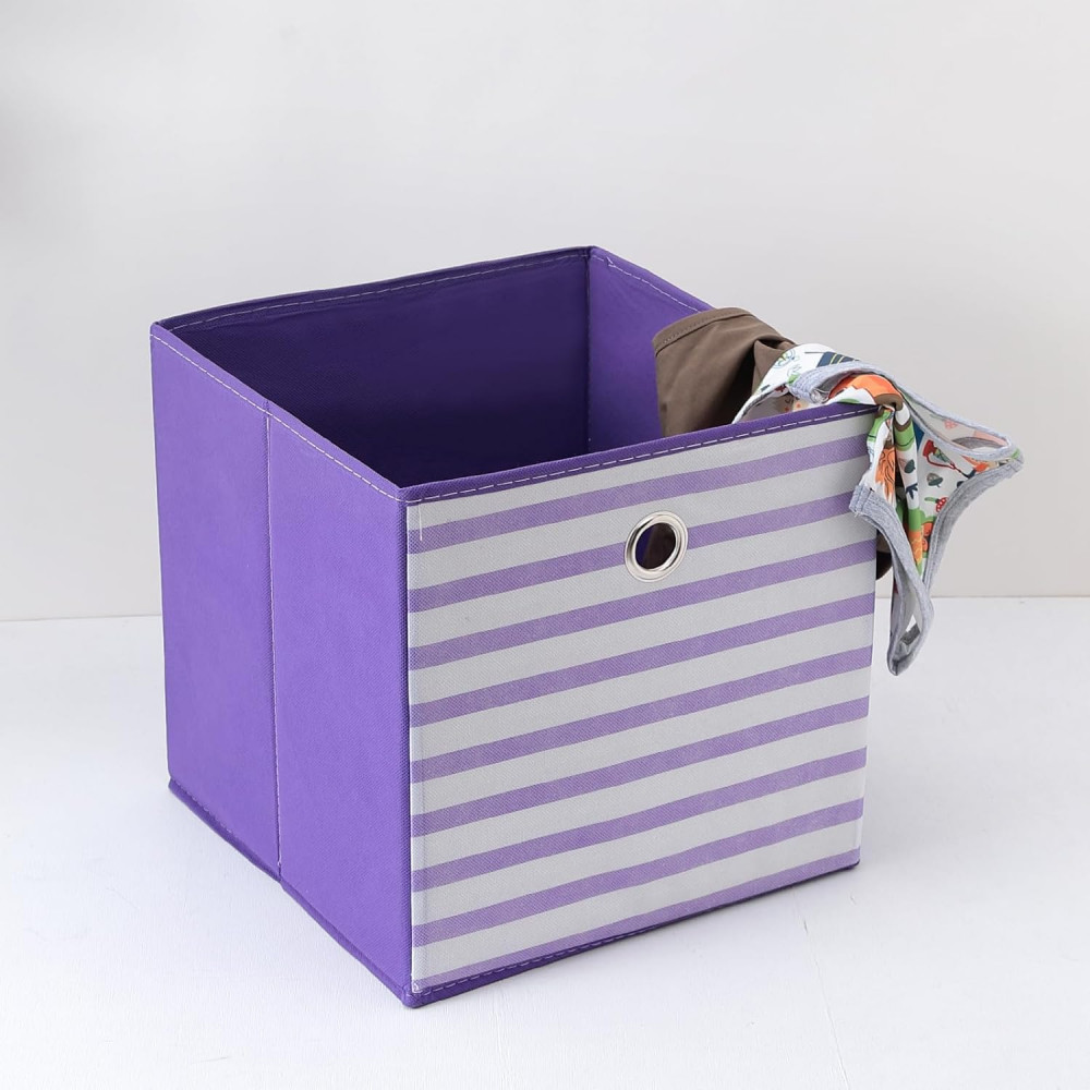 Kuber Industries Foldable Storage Basket|Square Toy Storage Bin|Front Grab Handle|Wardrobe, Closet Organizer (Purple)