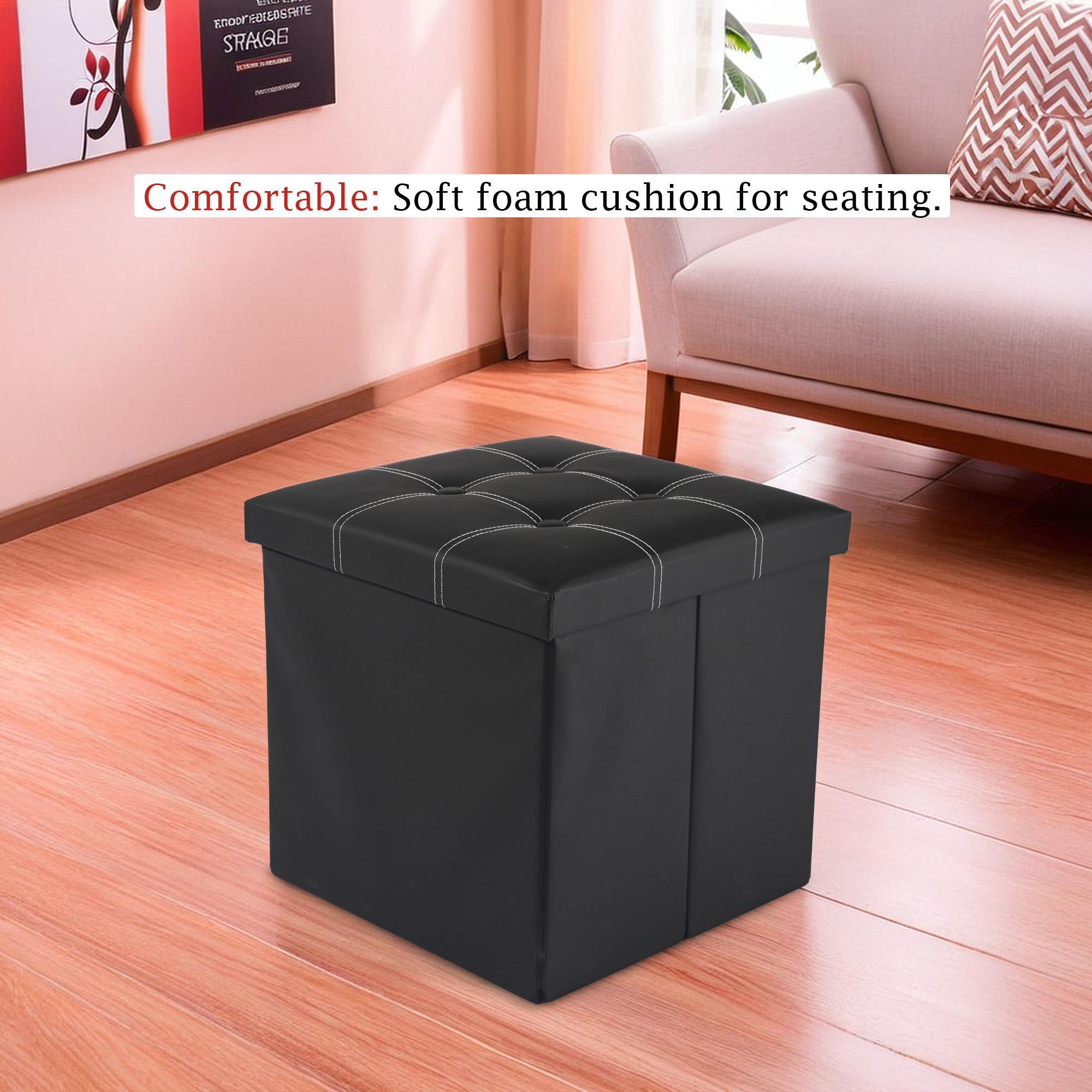 Kuber Industries Foldable Storage Puffy Stool For Living Room Bedroom  Home  Stylish Dressing Table Stool For Makeup  Puja Room - Ideal for Home Decor  Footrest  LJ-21-BLK  Black