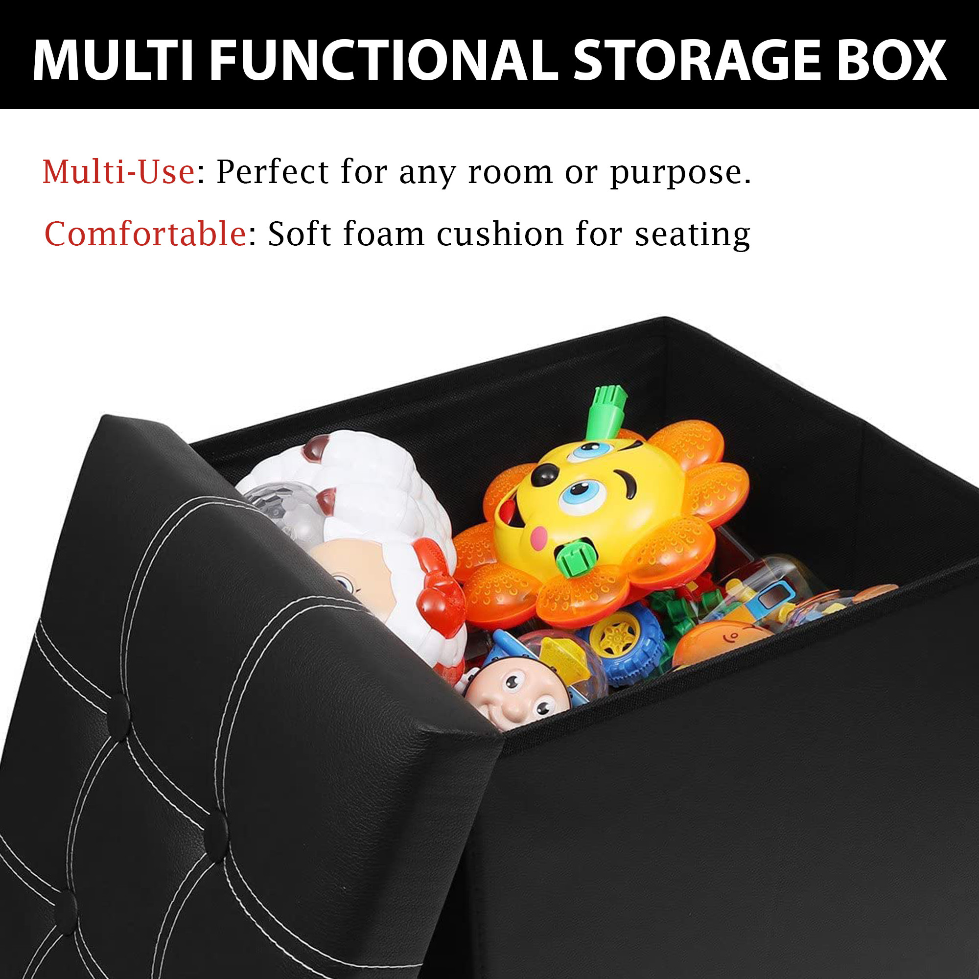 Kuber Industries Foldable Storage Puffy Stool For Living Room Bedroom  Home  Stylish Dressing Table Stool For Makeup  Puja Room - Ideal for Home Decor  Footrest  LJ-21-BLK  Black