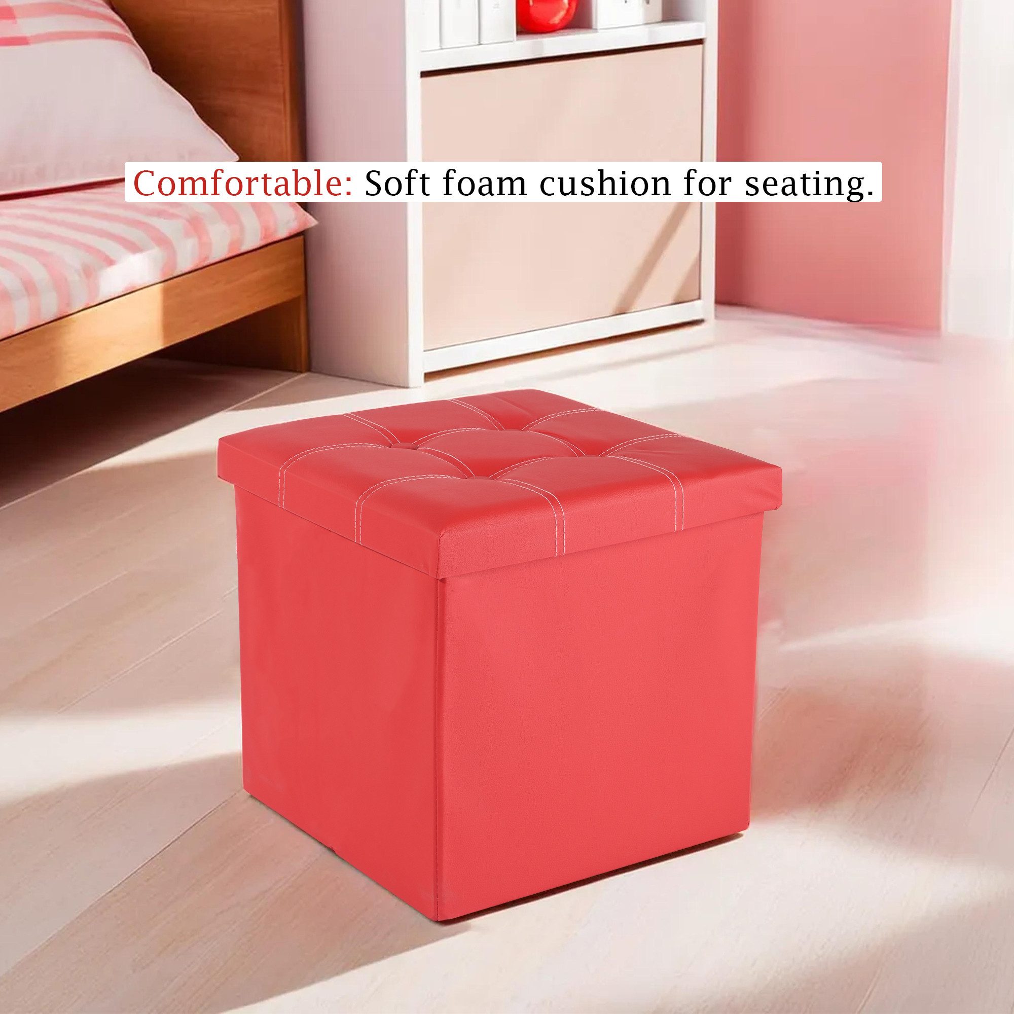 Kuber Industries Foldable Storage Puffy Stool For Living Room Bedroom  Home  Stylish Dressing Table Stool For Makeup  Puja Room - Ideal for Home Decor  Footrest  LJ-21-RD  Red